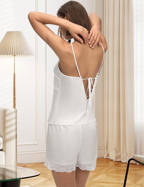 Women's Satin Short Pajamas Set, Sexy Pyjamas with Lace Trim Sleepwear