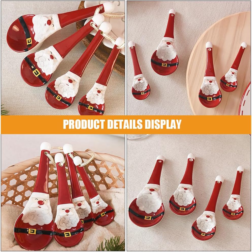 DOITOOL 4 Pcs Christmas Spoons Ceramic Measuring Spoon Santa Claus Themed Xmas Teaspoon Christmas Serveware for Baking Coffee Dessert Sugar Salt Cooking Holiday Kitchen Baking Accessories