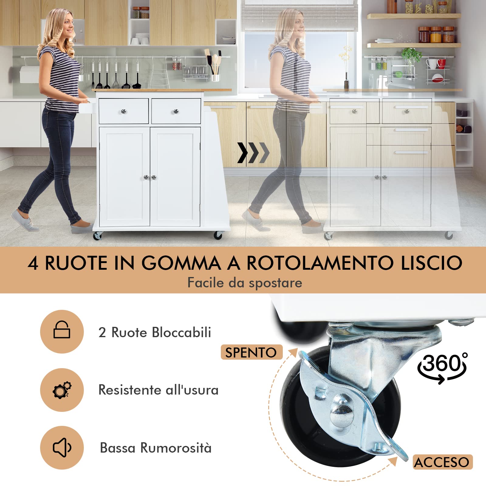 COSTWAY Carrello di Servizio Cucina con Ruote, 2 Cassetti e Portaspezie, Portasciugamani e 2 Porte, Ideale per Casa Ristorante e Bar, MDF + legno di gomma 88x45x89,5 cm (Bianco)