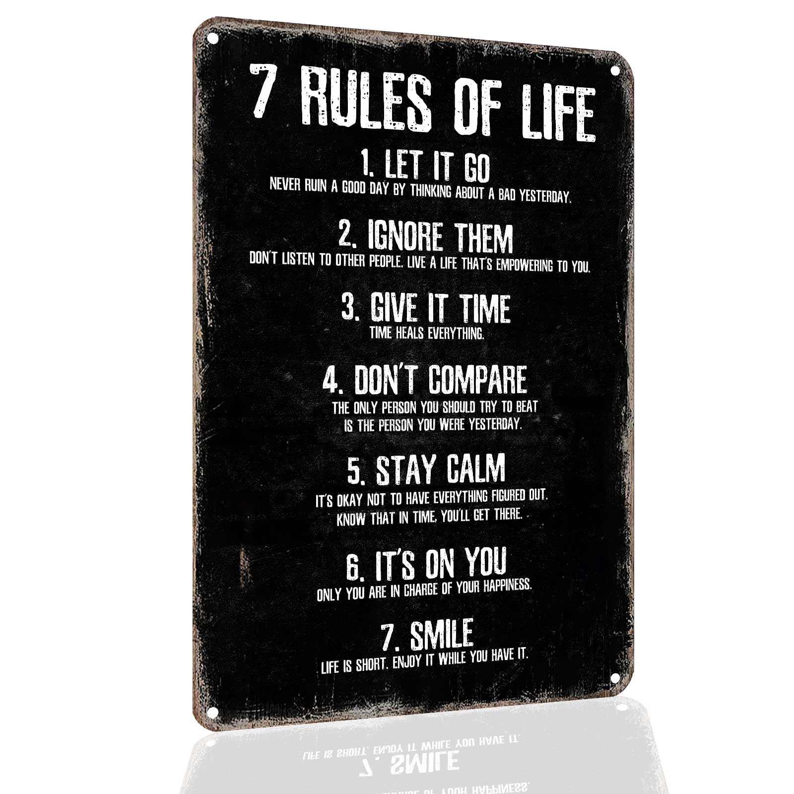 Inspirational 7 Rules of Life Metal Sign - Motivational Wall Art for Teen Bedroom, Office, Classroom - 8x12 Inch Rustic Tin Sign Decor (7 Rules of Life)