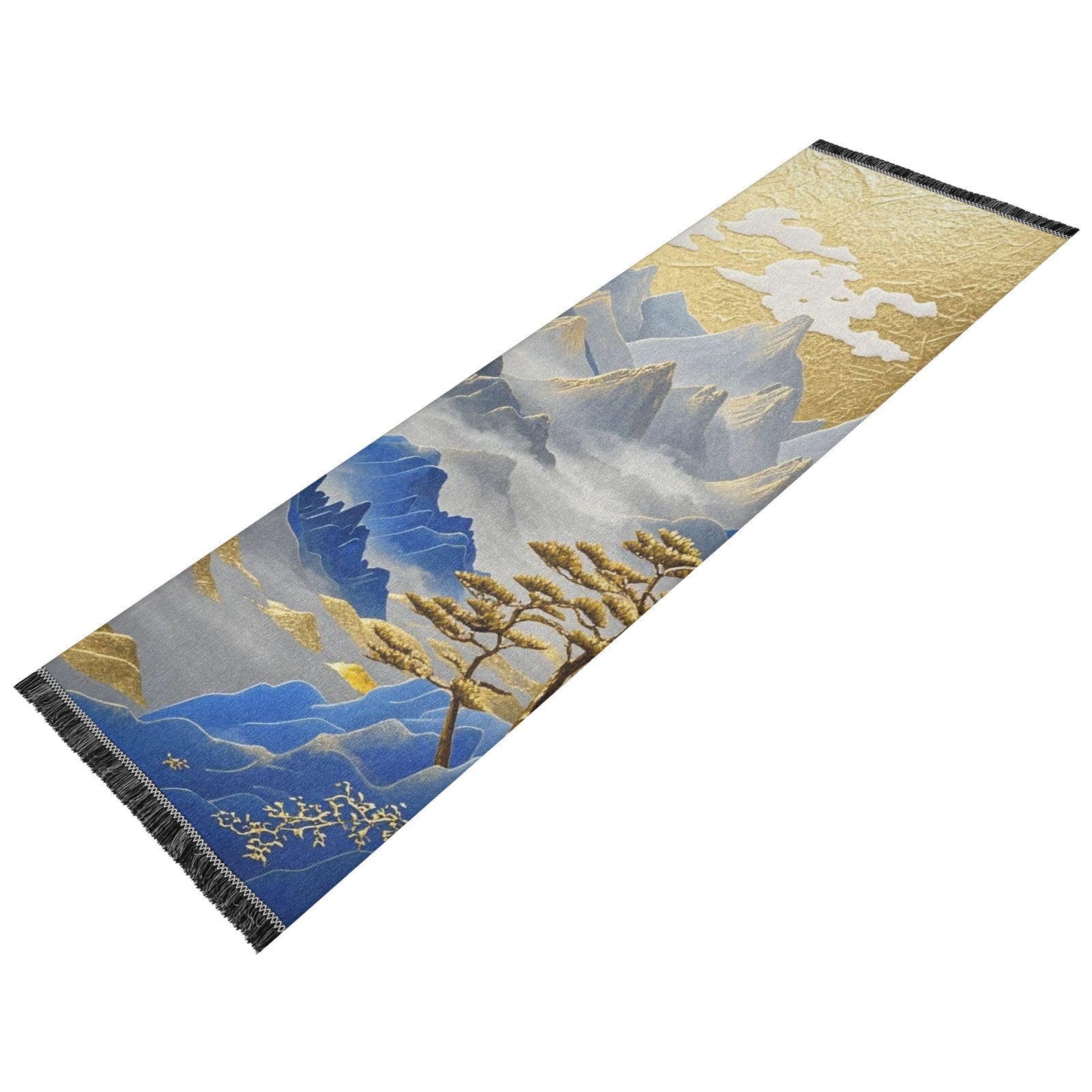 Tapis de couloir bleu et doré lavable avec pompons pour décoration