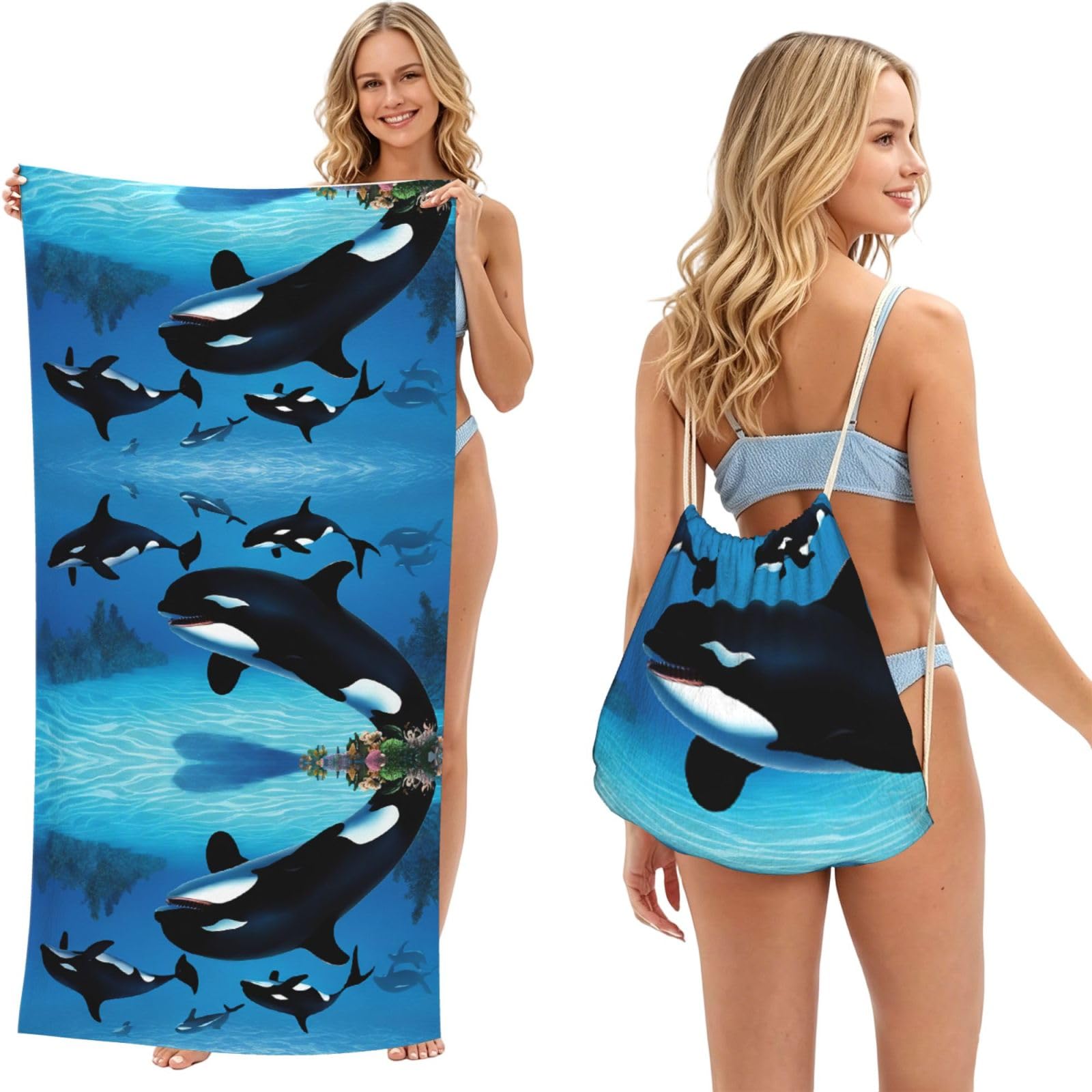 ESNAIUVCD Killer Whales Swim Along Print Beach Towel For Adults,Towel With Drawstring Bag, Travel Pool Swimming Sports Shower Sand Free Quick Dry Bath Towel For Pool, Beach, Yoga- 180x60cm