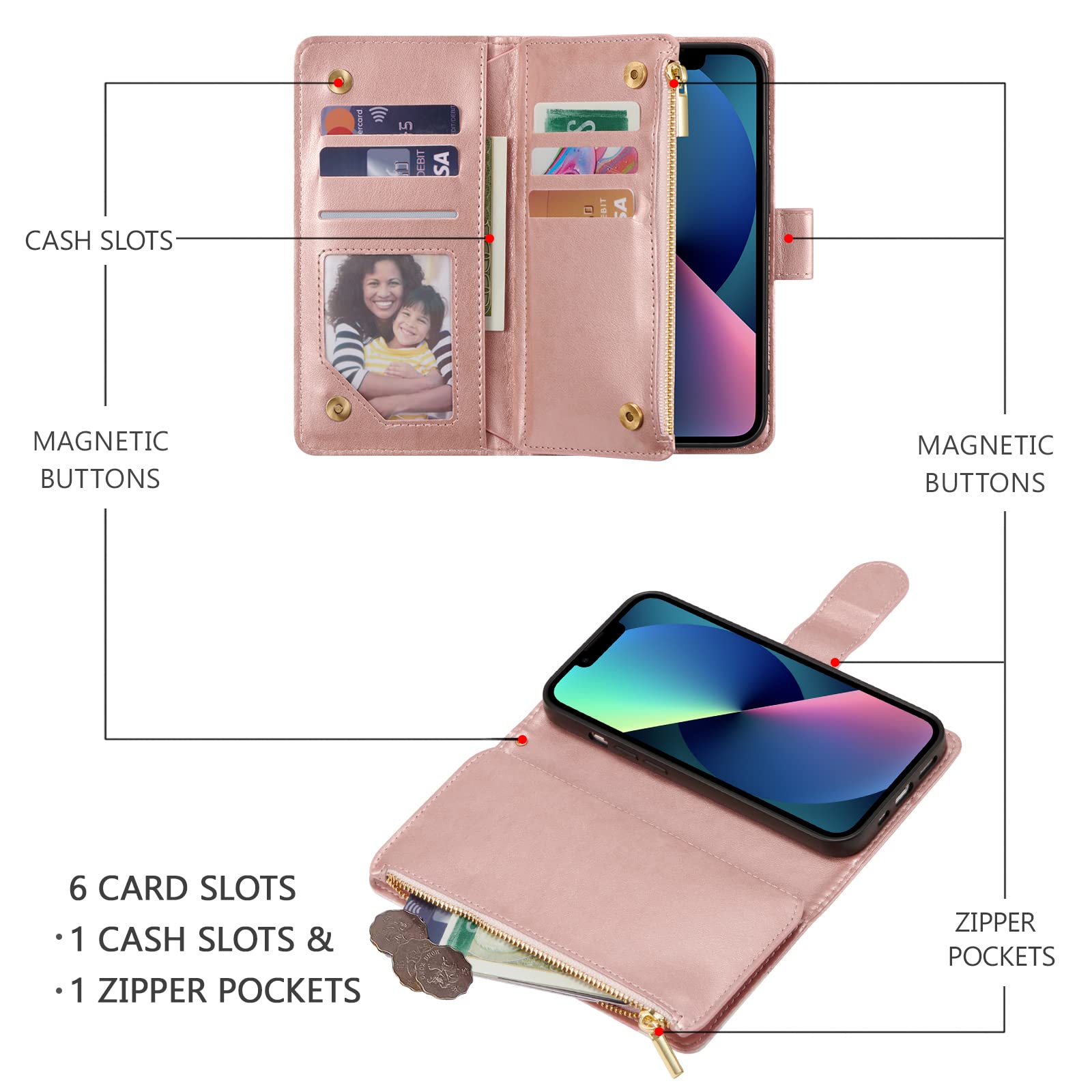 Custodia Portafoglio UEEBAI Per IPhone 15 Plus 6,7'' – Pelle Vintage Con Cerniera, 6 Slot Carte, Cinturino E Supporto – Colore Rosa Malva