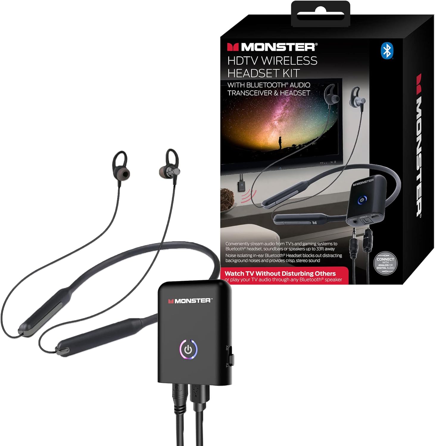 Monster Wireless Headset with Neckband, Stream TV/Gaming Audio Without Issue, Isolates Noise, Powered by Wall Adapter, Easy DIY Installation, 3 Different Ear Cushions Included Monster Wireless Headset with Neckband, Stream TV/Gaming Audio Without Issue, Isolates Noise, Powered by Wall Adapter, Easy DIY Installation, 3 Different Ear Cushions Included
