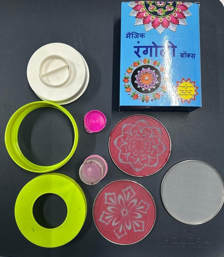 magic rangoli making kit box with tool, 4-inch printed & plain jali stencils, filter – easy rangoli set for diwali home decor, indoor outdoor use, fun festive art (random designs)