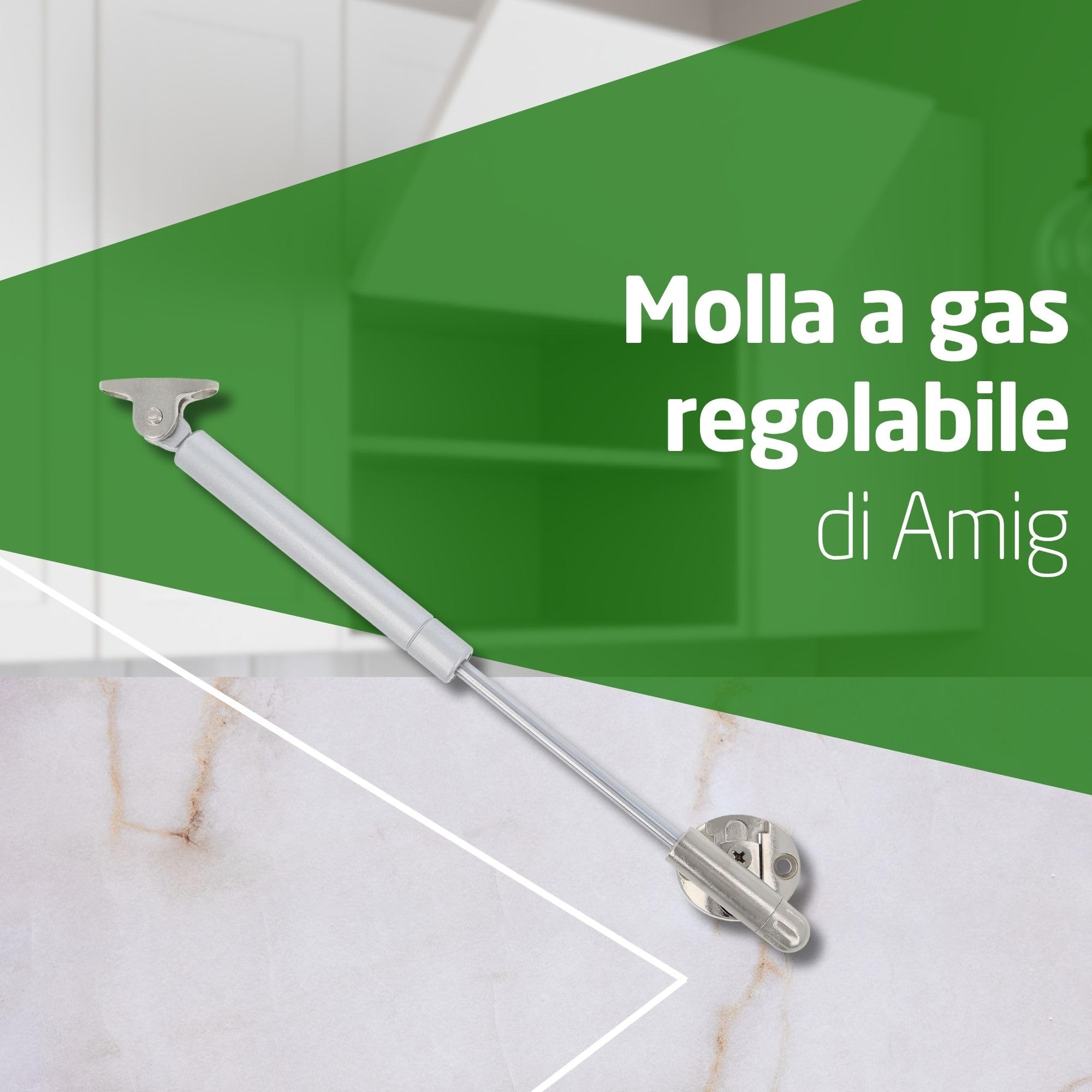 Amig - Bussola a gas per sollevare porte apribili - Mod.98 - Resistenza di carico: 12 kg - Ammortizzatore regolabile per apertura verso l'alto senza impatto - Argento