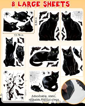 ALKB Halloween Window Clings Stickers - Halloween Window Decorations with Scary Spider Web Black Bat & Cat, Reuseable Double Sided Halloweens Static Clings for Home Decals (Black Cat)