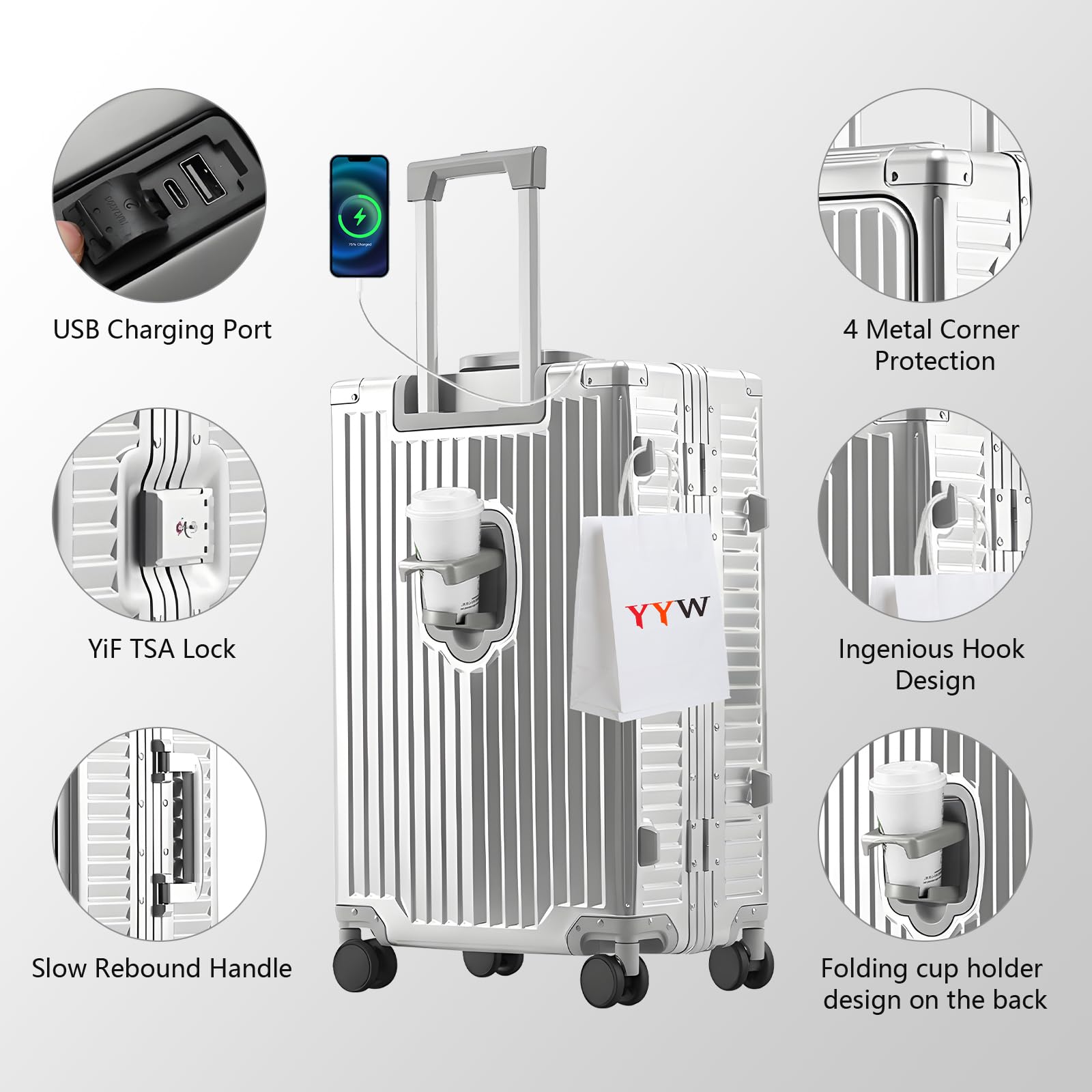 YYW Valigia in alluminio con ruote girevoli, leggera e rigida, con serratura TSA integrata, con portabicchieri, porta USB, supporto per telefono, Argento, 24inch/39x25x65cm, classico