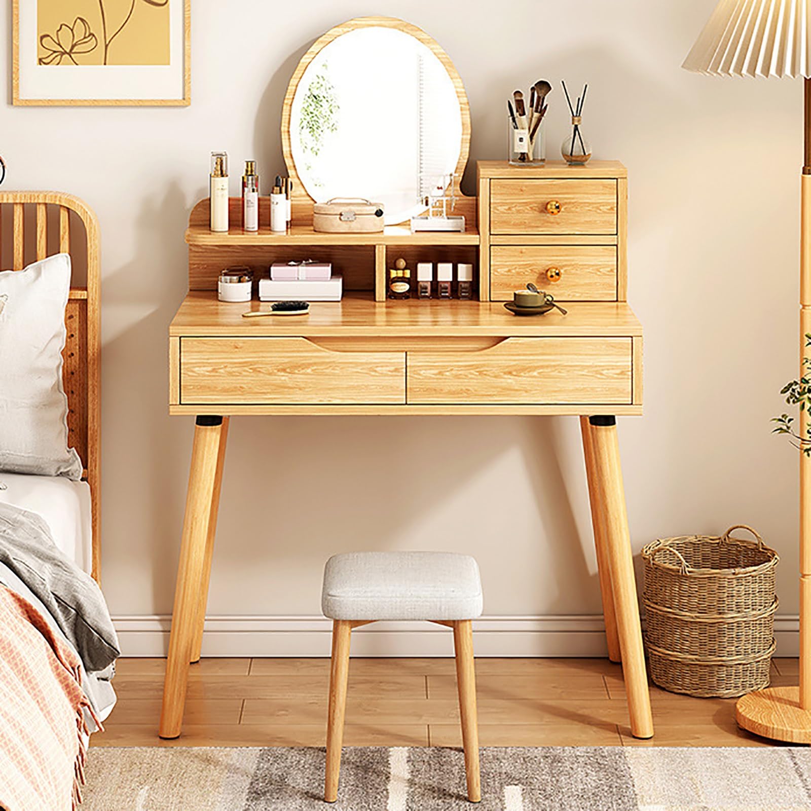 Kaptafel Met Spiegel, Make-uptafel 3-kleurig Verlicht, Make Up Tafel Set Met Gestoffeerde Kruk Opbergladen Bureau en Kaptafelcombinatie for Meisjesslaapkamer (Color : White gold B, Size : 120cm/47.2