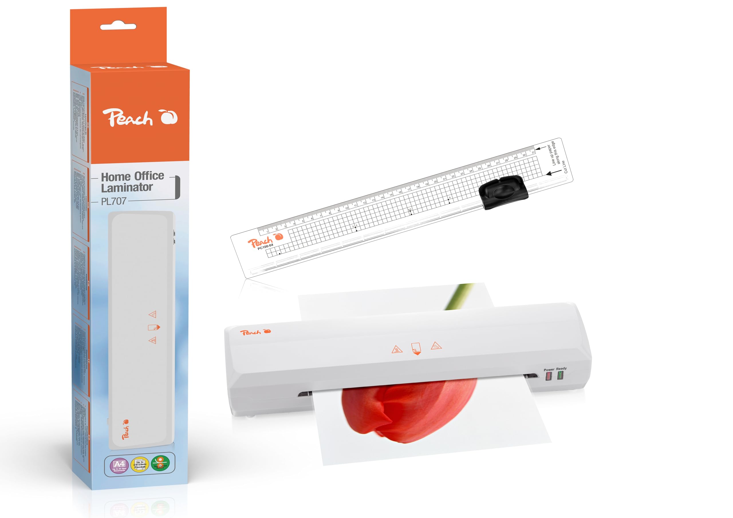 Peach 3 in 1 Laminierset inklusive Laminiergerät, Rollenschneider, Lineal und Folien - für Heim und Büro - geeignet für alle handelsüblichen Folien in allen Grössen bis max. A4 - PBP105