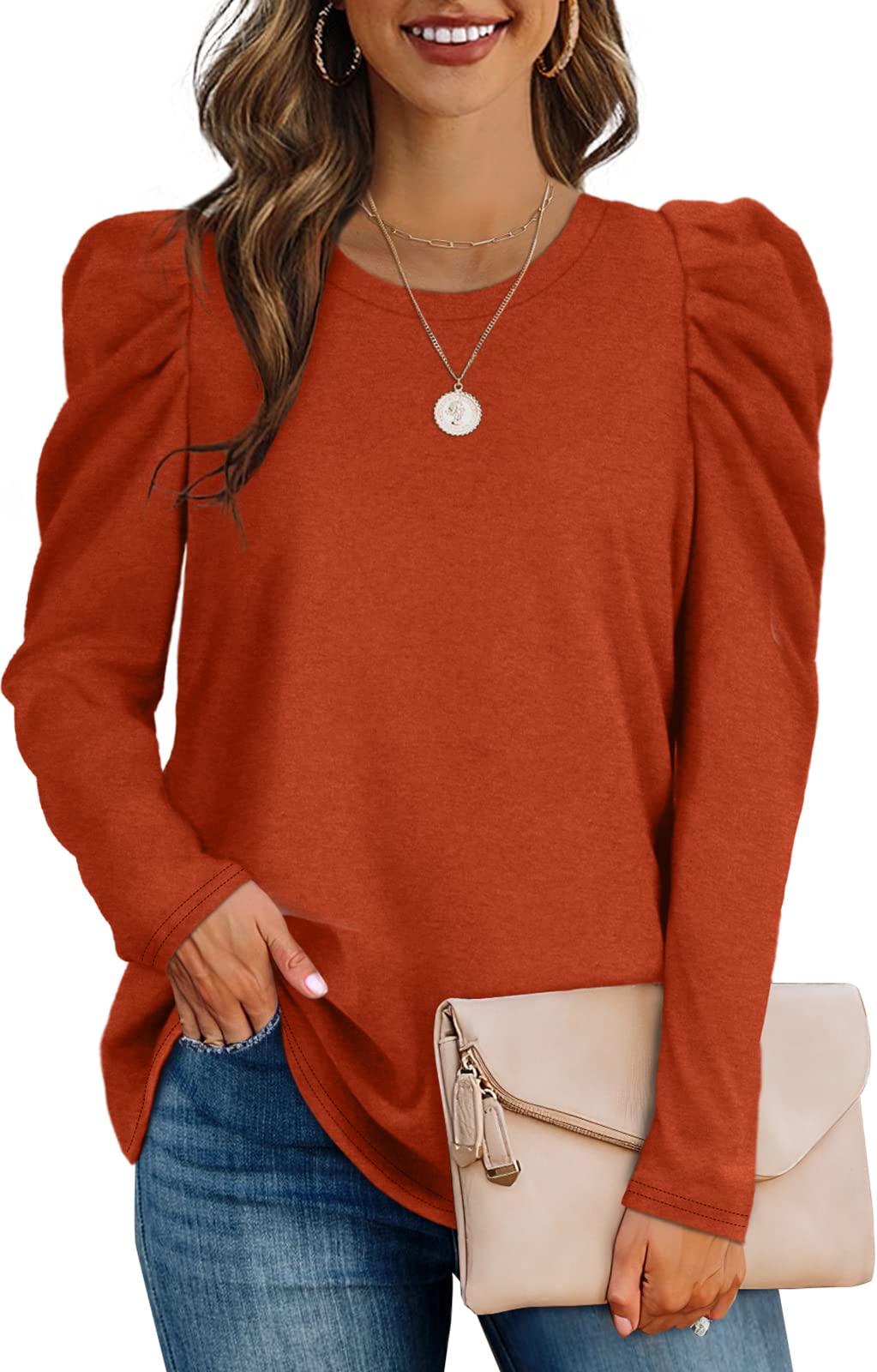 OFEEFAN Women's Tunic Top With Puff Sleeves - Long Sleeve Crew Neck Shirt, Solid Color, Soft Blend - View #2