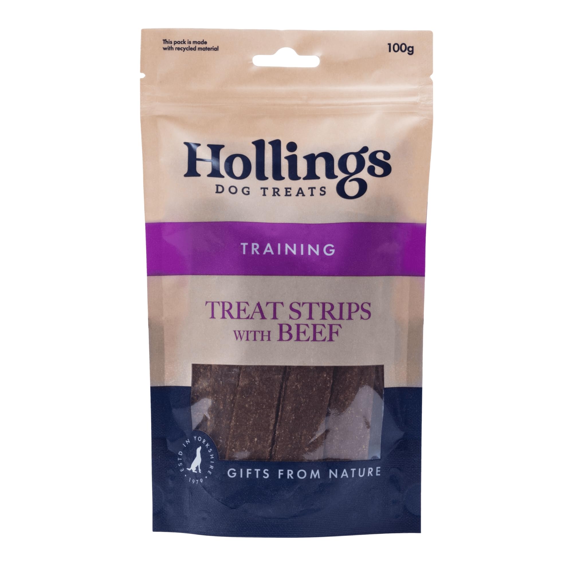 Hollings Treat Strips with Beef Dog Training Treats, 100% Natural, Air Dried Beef Strips for Adult Dogs, Gluten Free & High in Protein (100g)