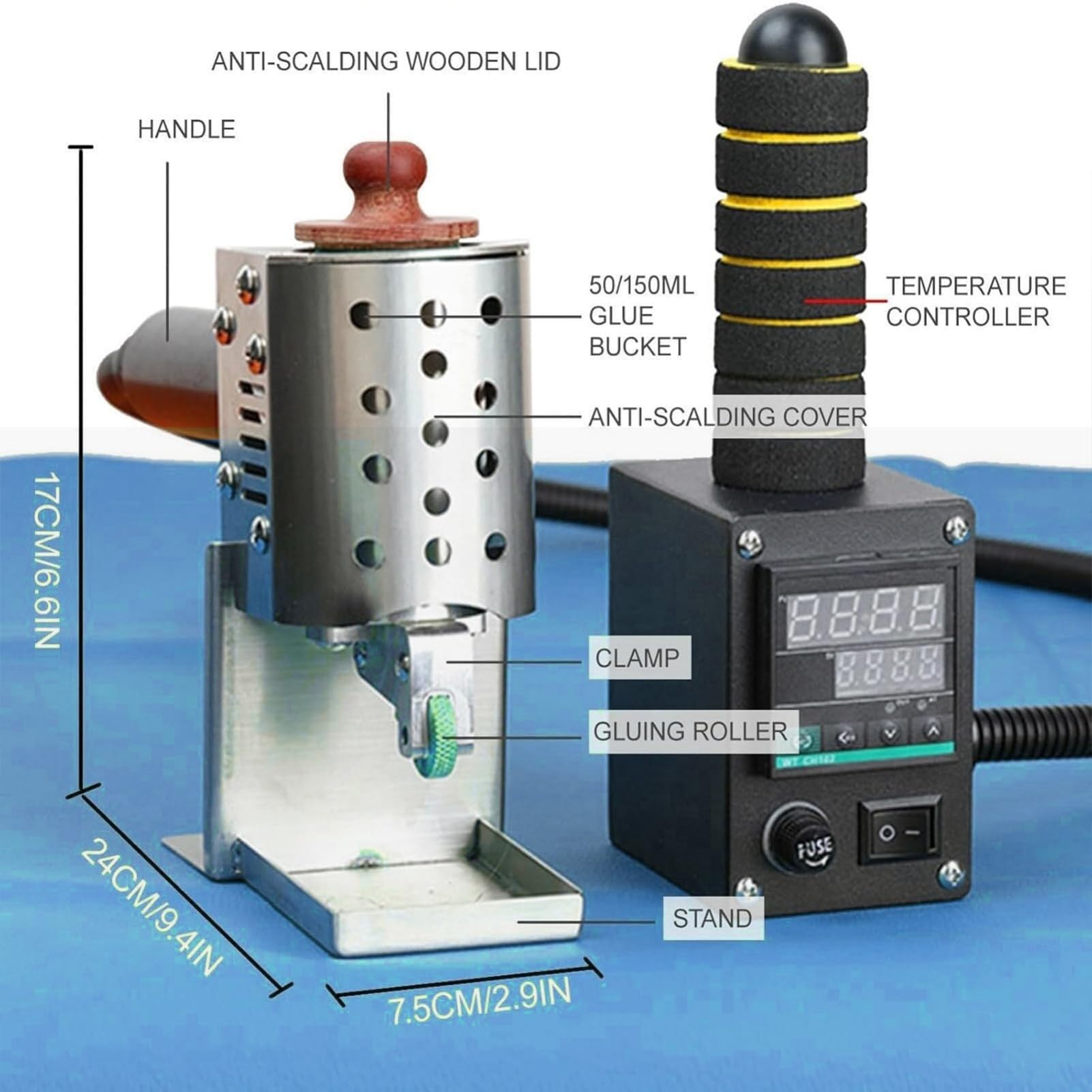 Rodillo adhesivo termofusible, aplicador de pegamento de 50-200 °C, dispensador portátil de pegamento fundido con 4 cabezales intercambiables de 3 a 50 mm para manualidades de cuero, sellado de cajas