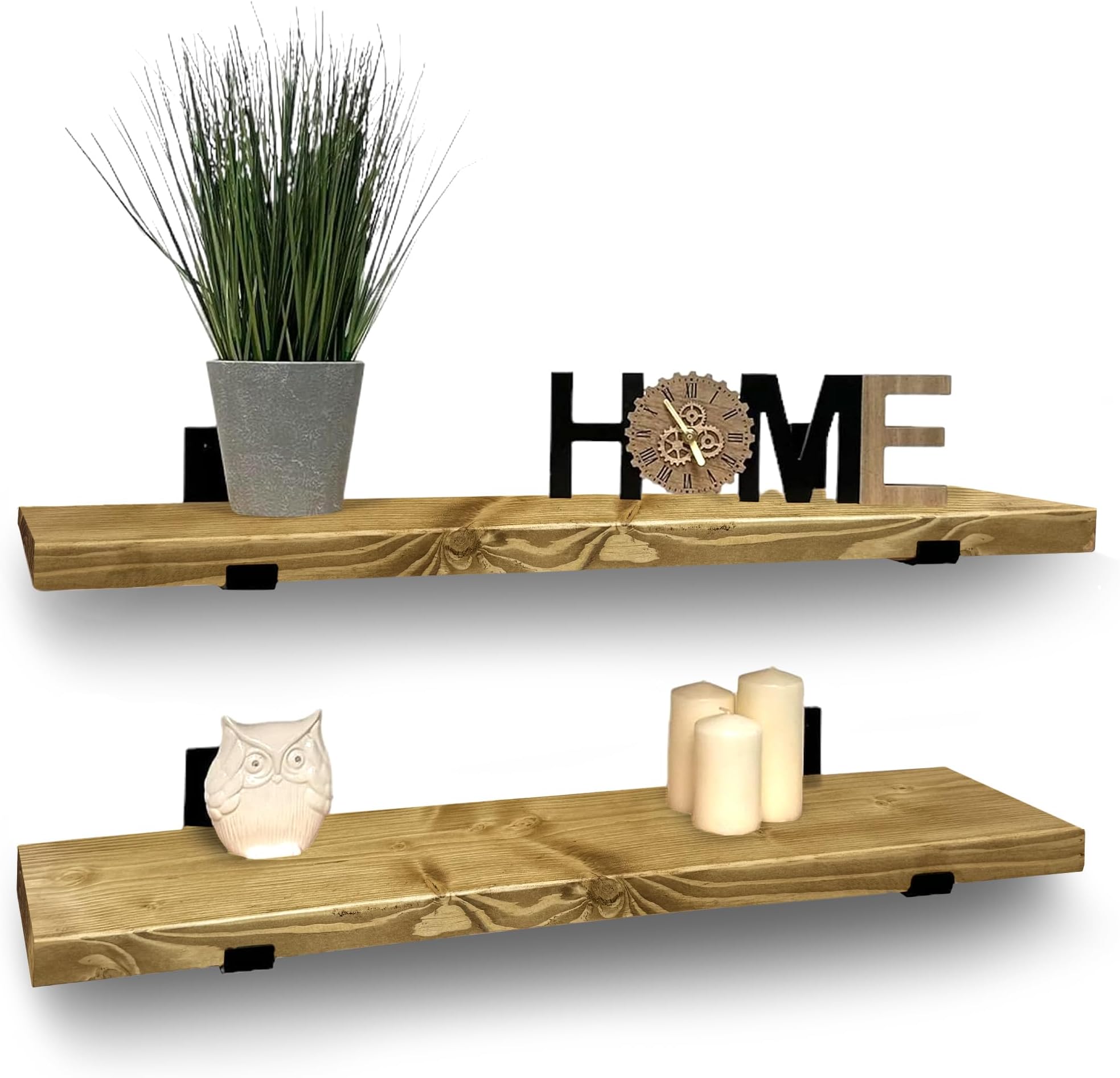 Handcrafted Rustic Wooden Floating Shelves, Solid Wood, Black L Brackets, Made in UK – Wall Mounted Shelf (Dark Oak Set of 2, 90cm)