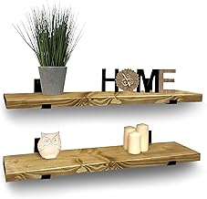 MKGT Handcrafted Rustic Wooden Floating Shelves, Solid Wood, Black L Brackets, Made in UK – Wall Mounted Shelf (Dark Oak Set of 2, 70cm)