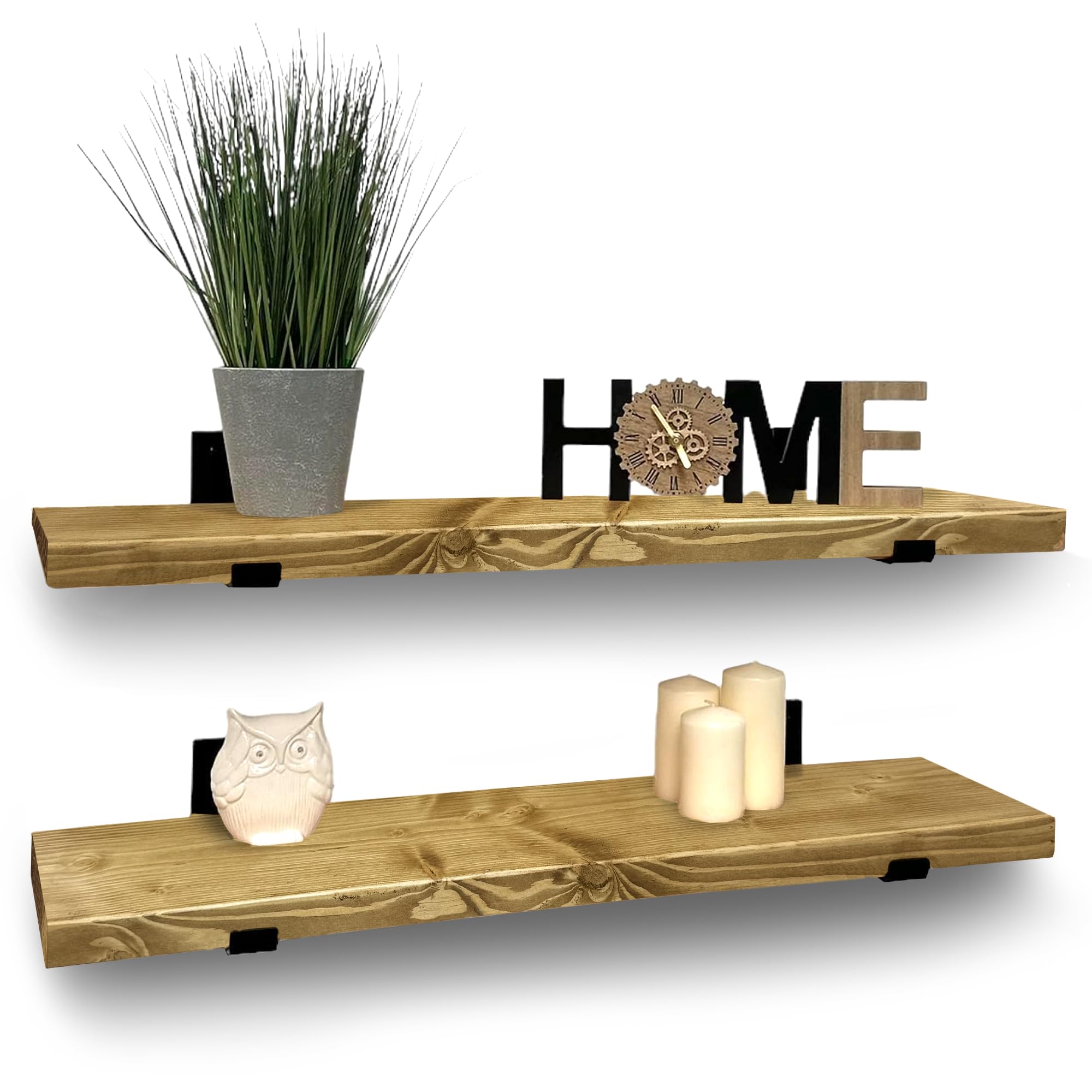 MKGT Handcrafted Rustic Wooden Floating Shelves, Solid Wood, Black L Brackets, Made in UK – Wall Mounted Shelf (Dark Oak Set of 2, 40cm) — image 1