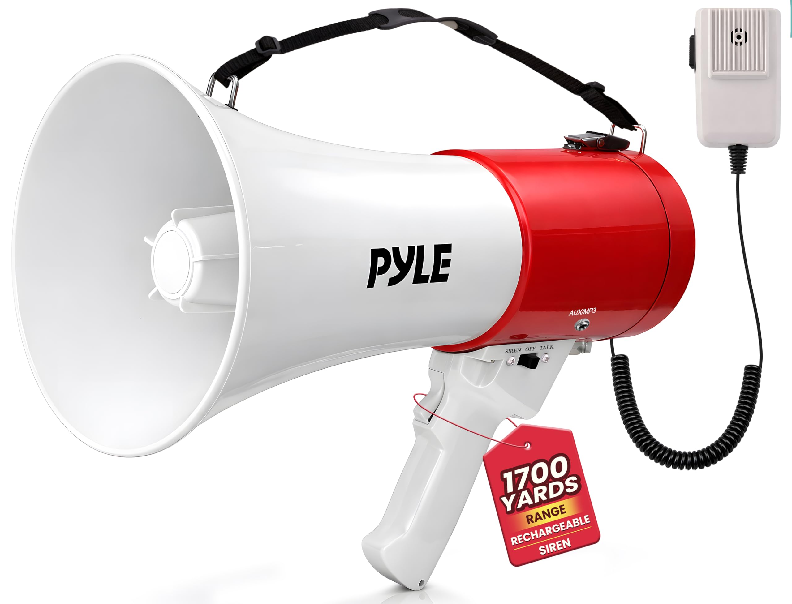 Pyle Altavoz megáfono portátil Bullhorn de 50 W, Sirena de Alarma, Volumen Ajustable hasta 1700 Yardas, Entrada Auxiliar, reproducción USB/TF, Ligero, para Actividades en Interiores y Exteriores