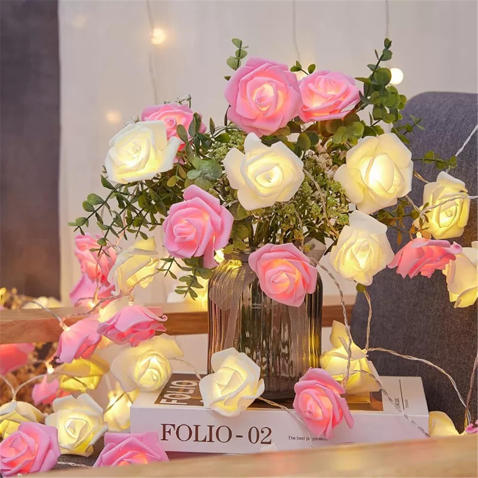 Mateju Solar String Lights Outdoor Garden, 8 Modes Solar Powered LED Fairy Lights with Remote for Indoor Bedroom, Patio, Yard, Party, Wedding, White Rose (Pink White,5M/20LED)