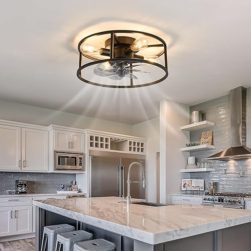 Miniatura 8 de Ventilador de techo enjaulado negro con luces, ventilador de techo de montaje empotrado con control remoto, ventilador industrial de perfil bajo de