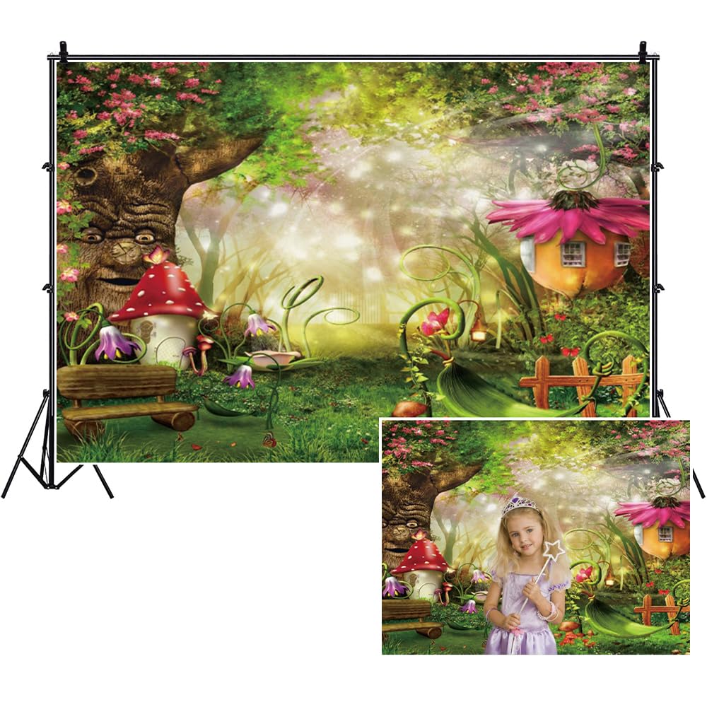 12x8ft Backdrop in poliestere foresta incantata Sfondo piante botaniche degli alberi magici giungla sole splendente Fairy World Backdrop per i bambini Festa di Compleanno Foto Props