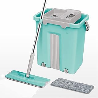 Spotzero By Milton Sterling Flat Mop Bucket Set − Sturdy and Strong Floor Mop with Easy Squeeze Bucket, 2 Replacement Washable Microfiber Pads - Ideal for All Floor Types
