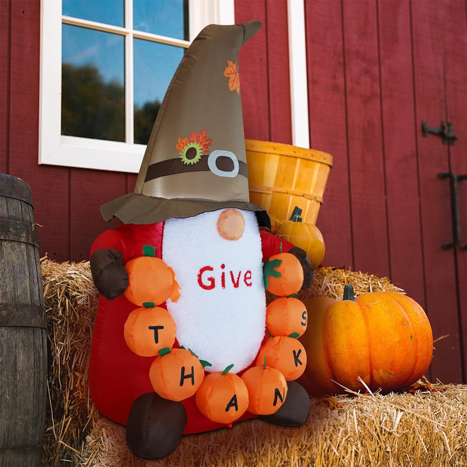 Juegoal Thanksgiving Inflatable Gnome, 4 FT Lighted Cute Gnome with Pumpkins, Blow up Animated Fall Decor, Light Up for Autumn Harvest Outdoor Indoor Holiday Home Party Yard Lawn Garden Display