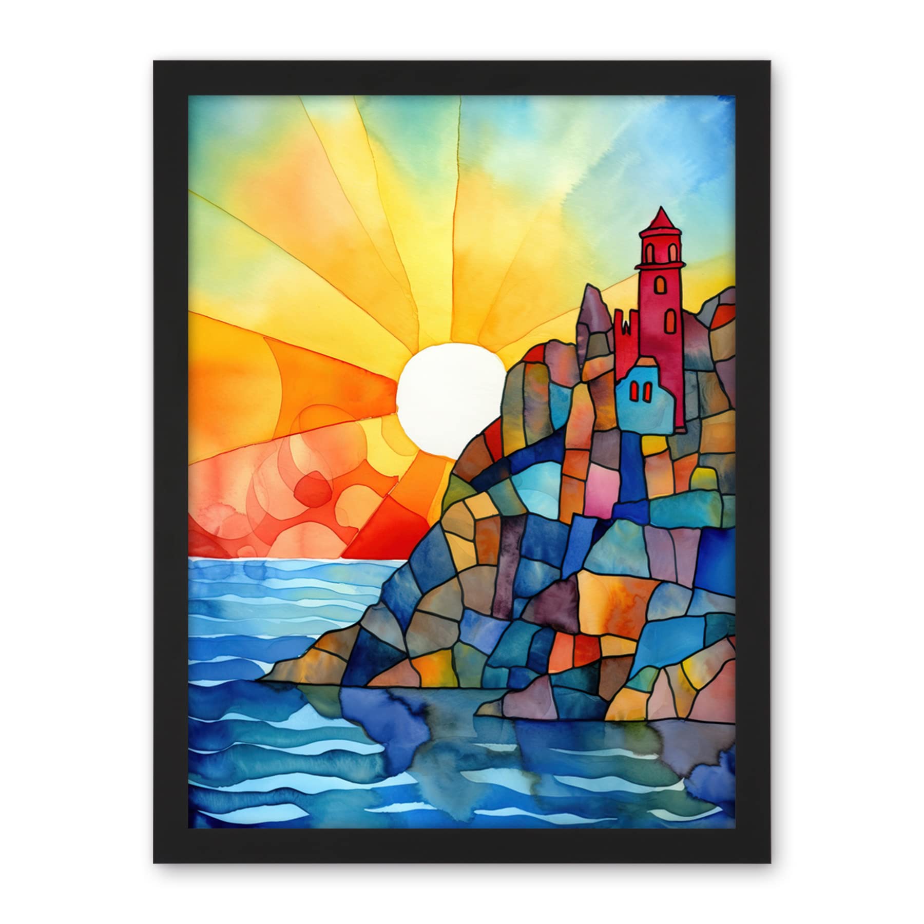 Artery8 Sunset Coastal Cliffs Lighthouse Folk Art Artwork Framed Wall Art Print 18X24 Inch