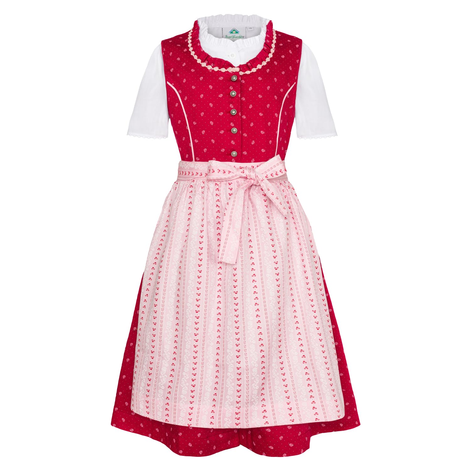 Dziecięcy Dirndl 3-częściowy sukienka bluzka fartuch dla dziewczynek Oktoberfest kościelne wesele niedzielna wycieczka różowa/czerwona z różyczkami