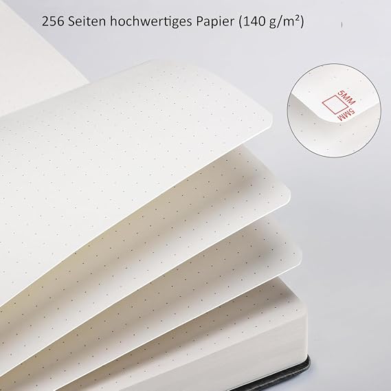 Notebook A5 Dotted - 256 Pages 140 gsm Ink-proof Paper PU Hard Cover - Dotted Bullet Journal for School Office & Everyday Use - Journal Book for Women & Men (14.5 x 21 cm Premium Grey)