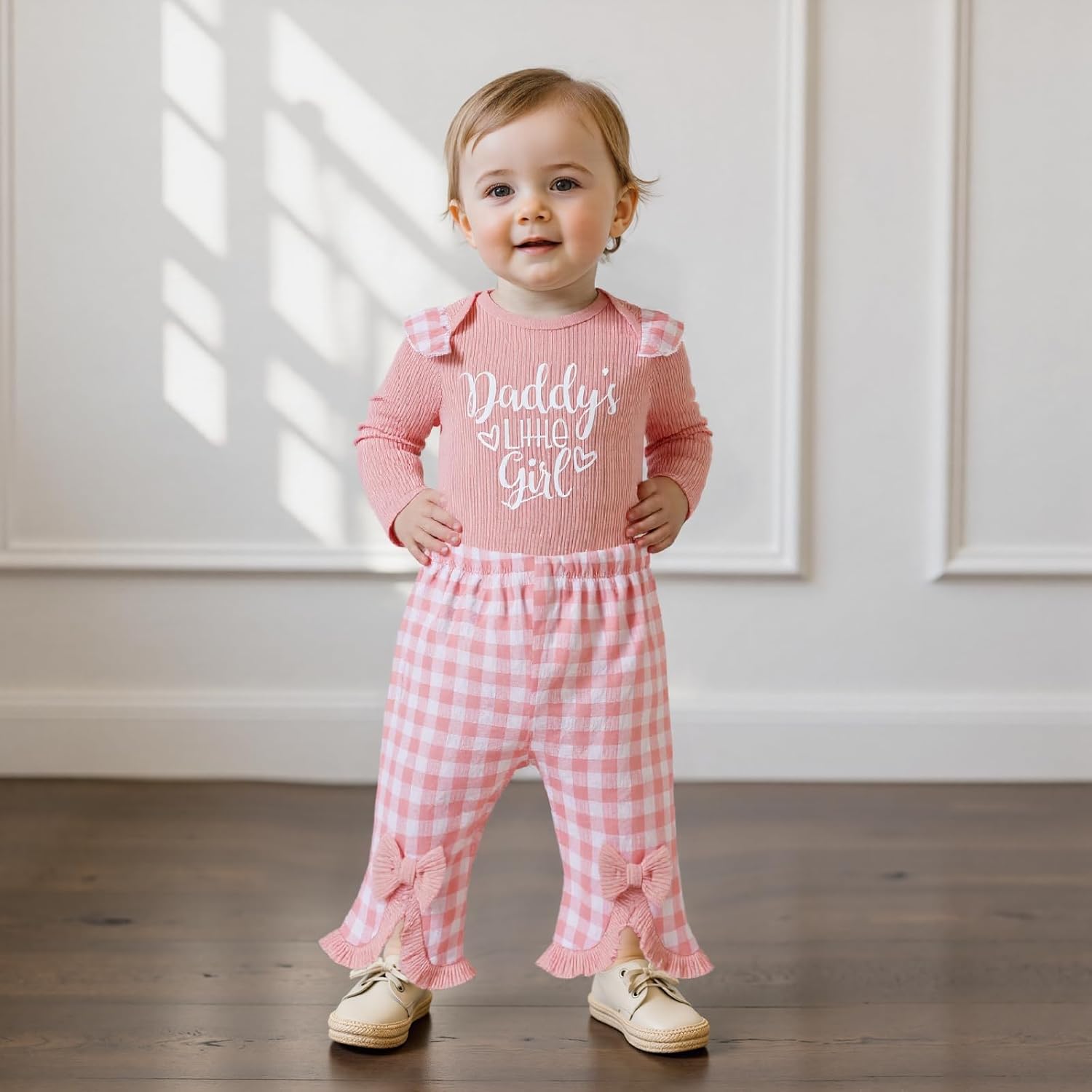 Ursobutegl Newborn Baby Girls Outfits Daddy's Little Girl Romper Jumpsuit Bodysuit Plaid Flare Pants Set Fall Winter Clothes - Image 4