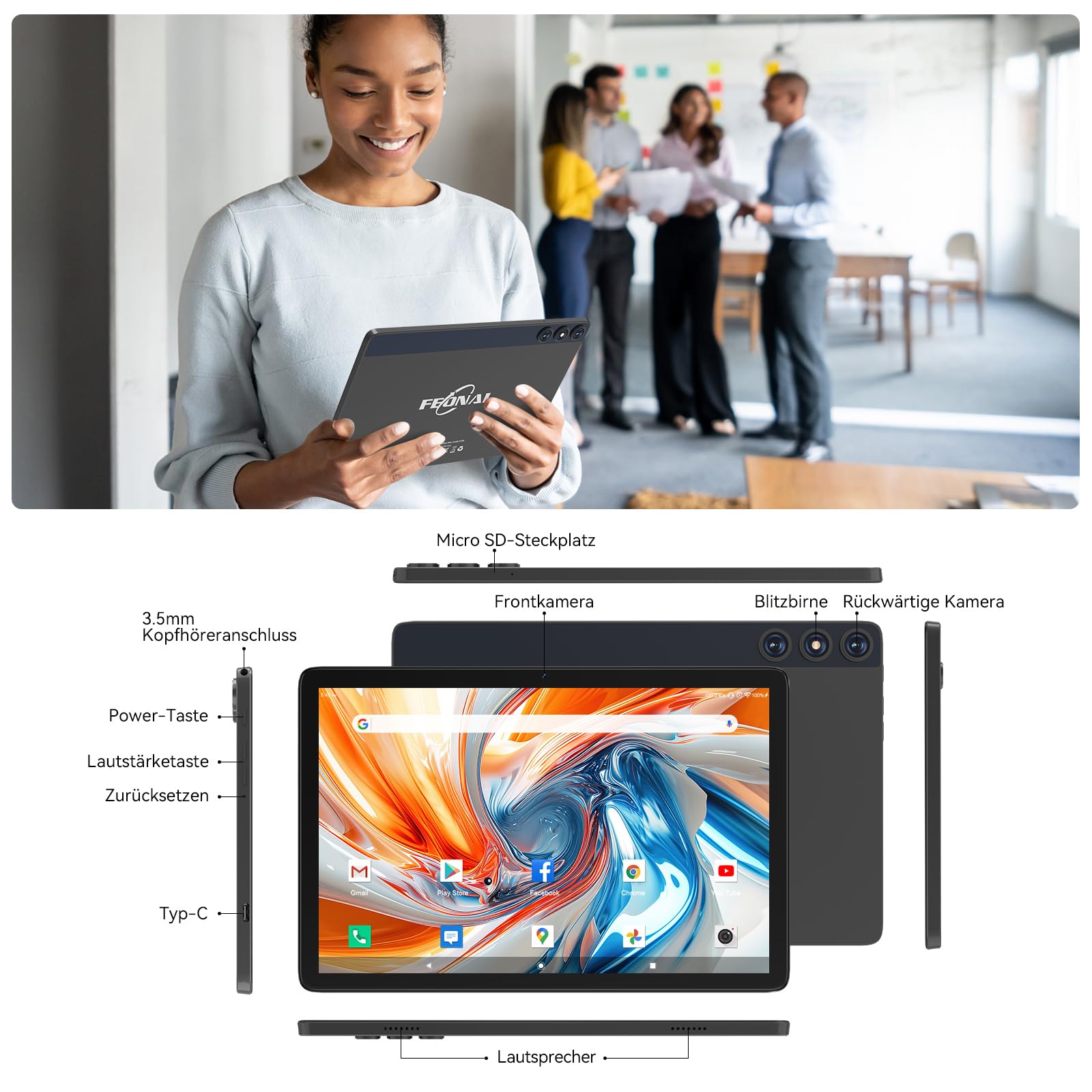 FEONAL Android 15 Tablet 10 Zoll, 4G LTE Tablets Mit 2 SIM 1 SD Slot, 5G WiFi Tablett PC Mit 14GB+128GB(1TBTF), Tablet Mit Tastatur Maus Stift & Hülle, 8-core, 1080FHD, 21MP, 7000mAh, GPS/OTG - Grau