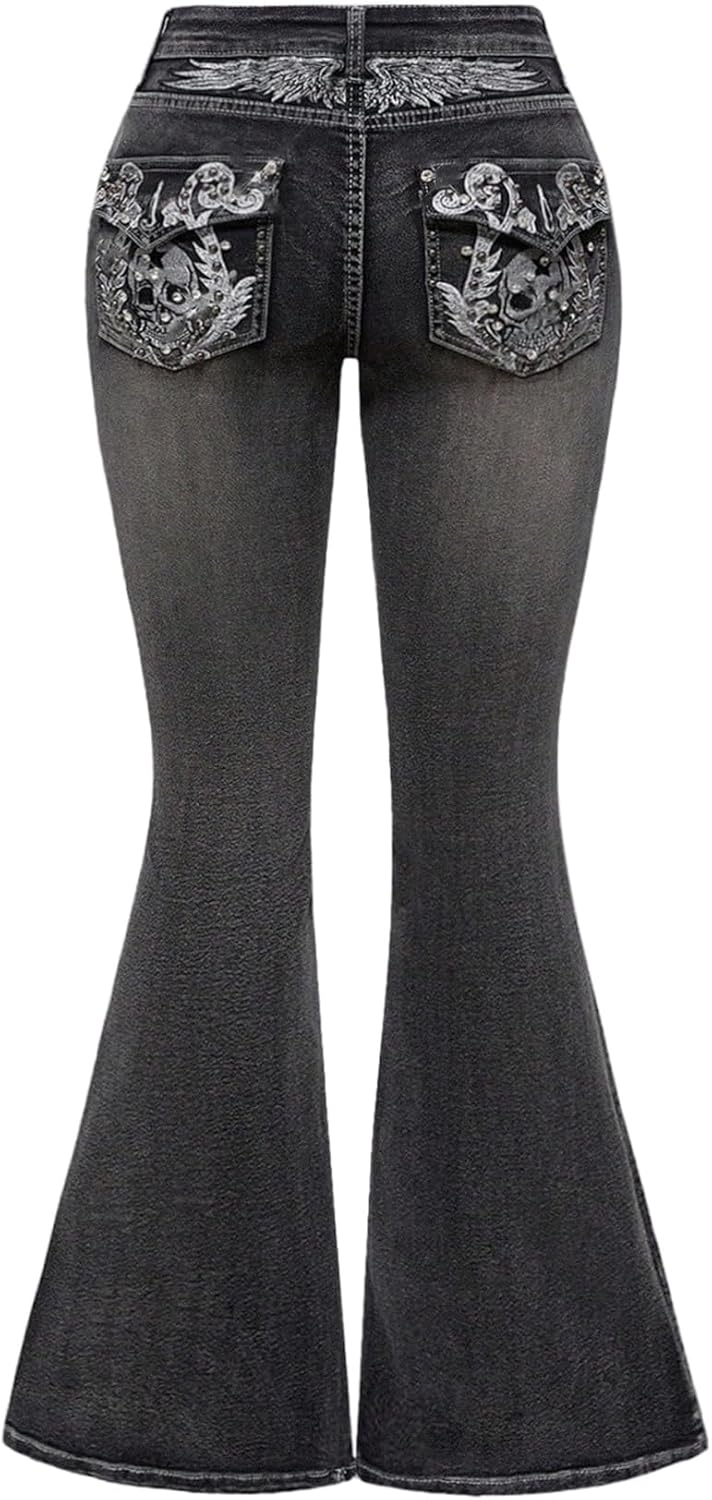 WDIRARA Women's Low Rise Flare Jeans Embroidery Rhinestone Bell Bottom Denim Pants