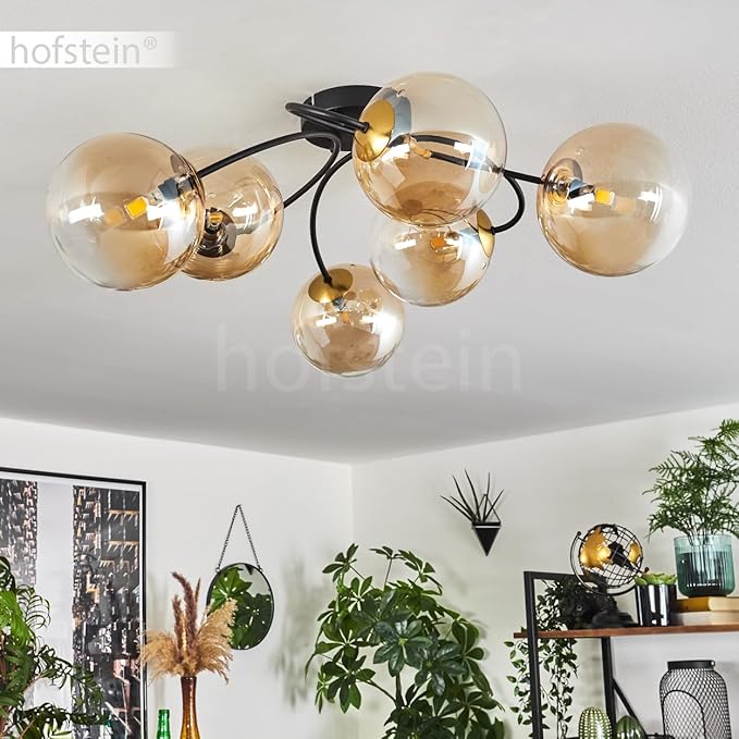 hofstein HOFSTEIN Plafondlamp Chehalis, plafondlamp van metaal/glas in zwart/goudkleurig/barnsteenkleuren/helder, lamp in retro/vintage design met glazen kap (Ø 15 cm), 6 x G9 LED, zonder lamp photo 3