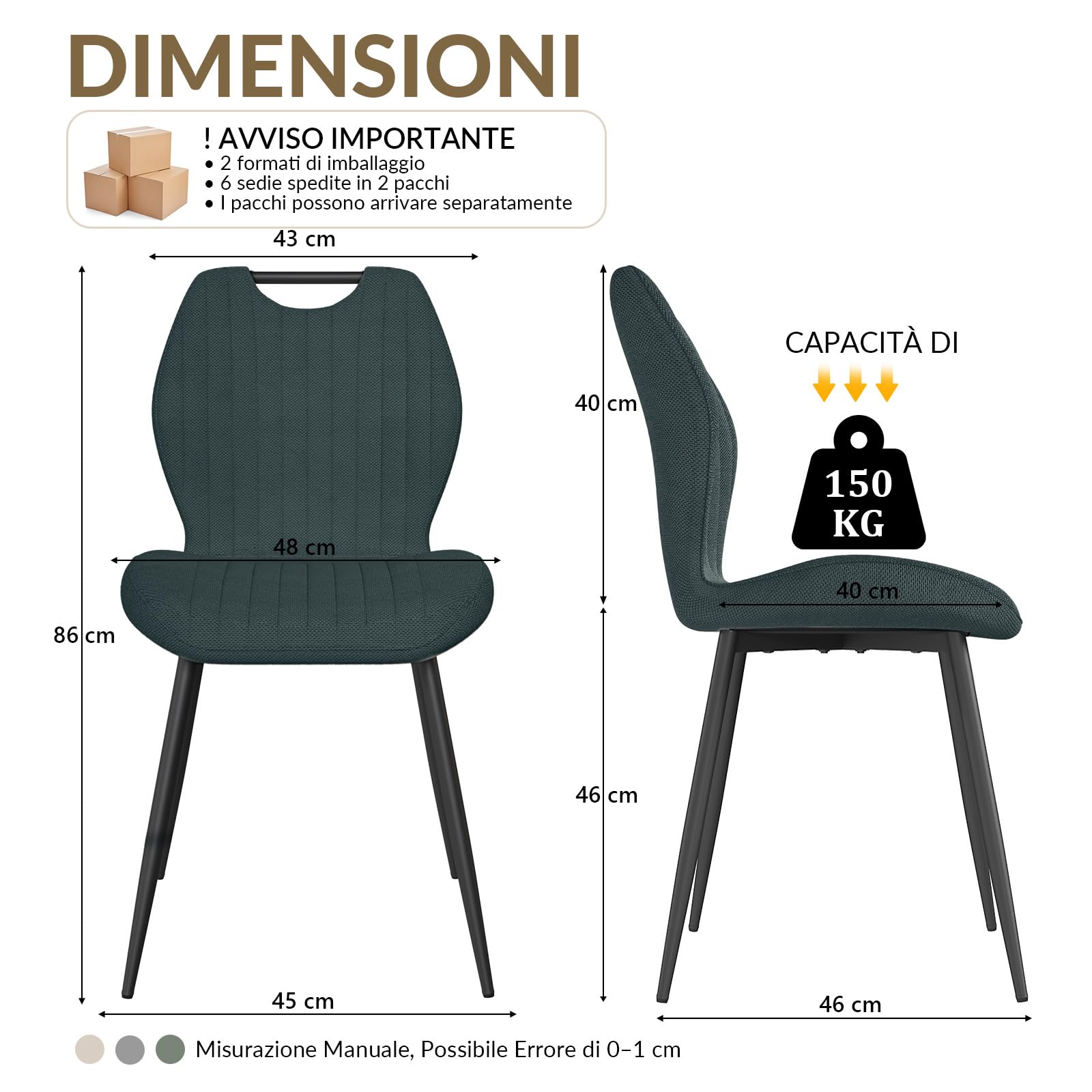 JIJIAN Set di 6 Sedie Sala da Pranzo, Sedie da Cucina, Sedia imbottita,Sedia da Soggiorno, Schienale in Tessuto e Gambe in Metallo, Ideale per Sale da Pranzo, Cucine e Soggiorni, Grigio Scuro