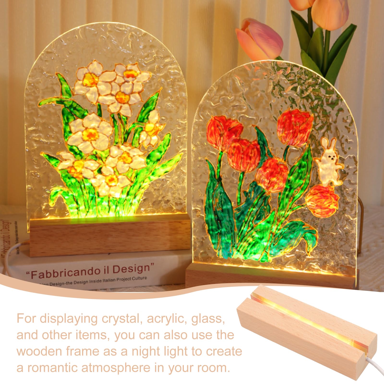 CDIYTOOL Base di visualizzazione per luci a LED, in legno, rettangolare, con illuminazione USB, base per display da tavolo, decorativa per fai da te in vetro, resina acrilica (2 luci calde