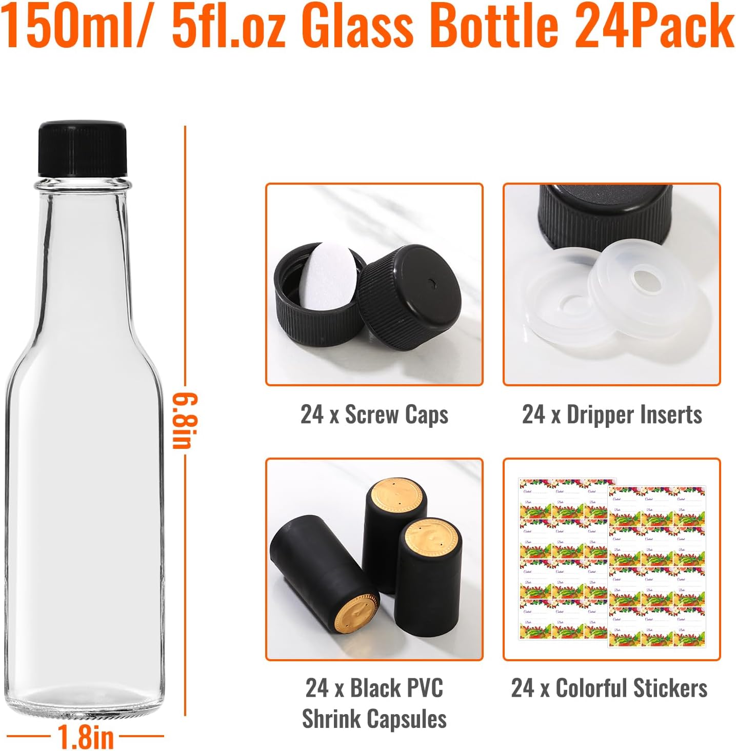 5 oz Clear Glass Hot Sauce Bottles 24-Pack with Black Lids, Leakproof