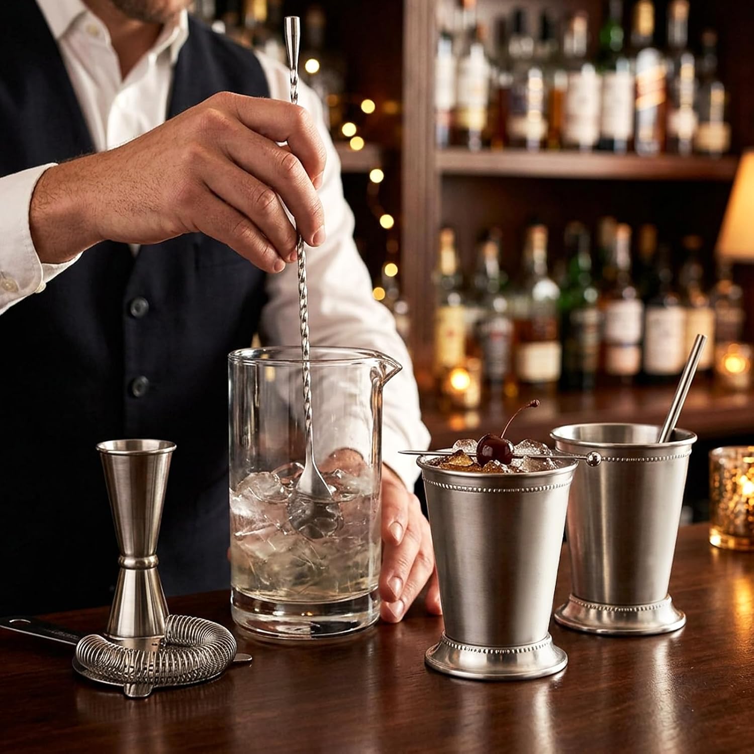 Set of 4 Mint Julep Cups with Straws, 12oz Stainless Steel Beaded Mint Julep-Cups Metal Cocktail Glasses with Straws Silver Julep Glasses for Party Beer Juice Beverage Bar Home Restaurant
