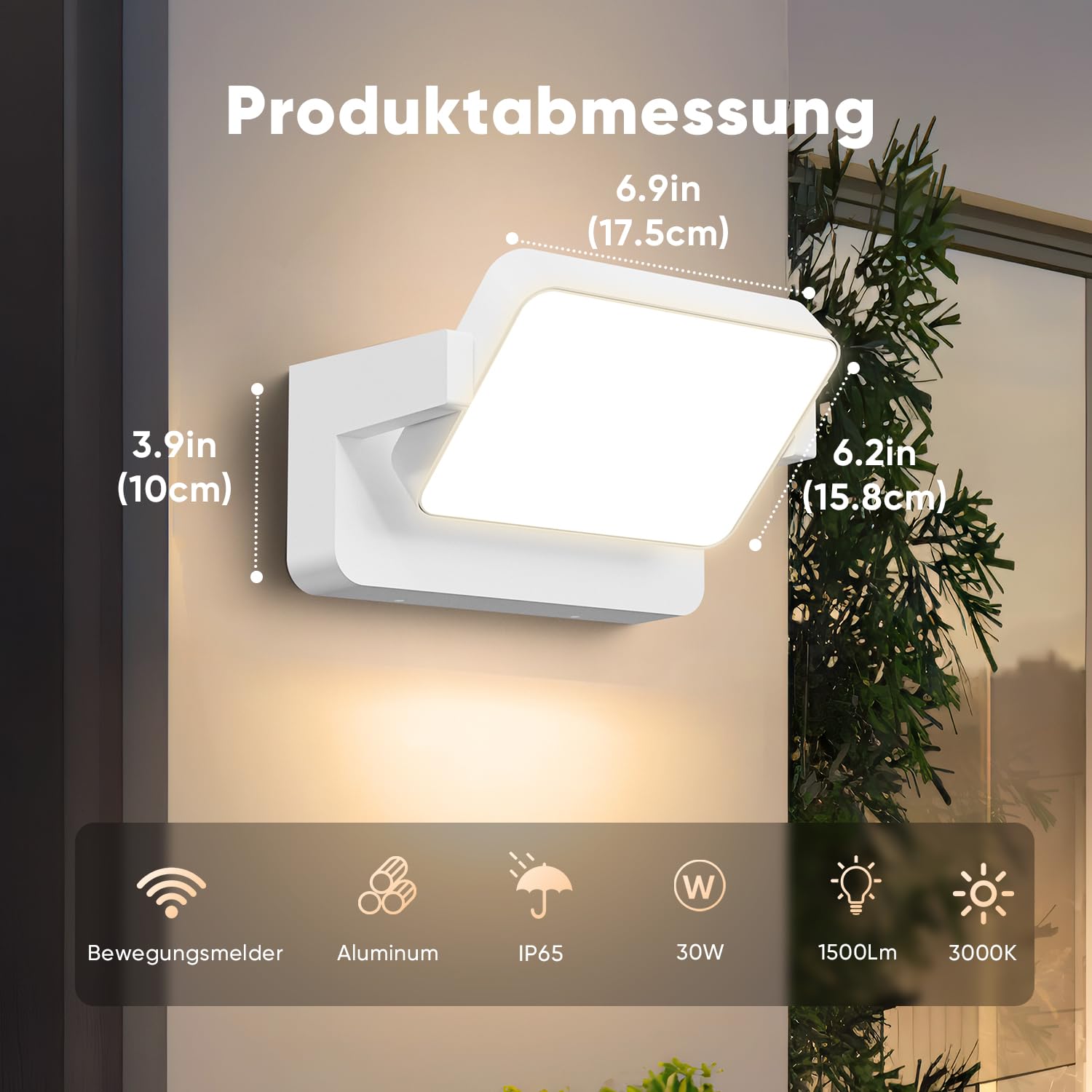 vatato 30W Außenwandleuchte mit Bewegungsmelder, LED Wandleuchte Innen Außen Wandlampe mit Schwenkbar Panel, Wasserdicht IP65 aussenlampe wand, Warmweiß außenleuchte 3000K (Weiß 1 Stück)