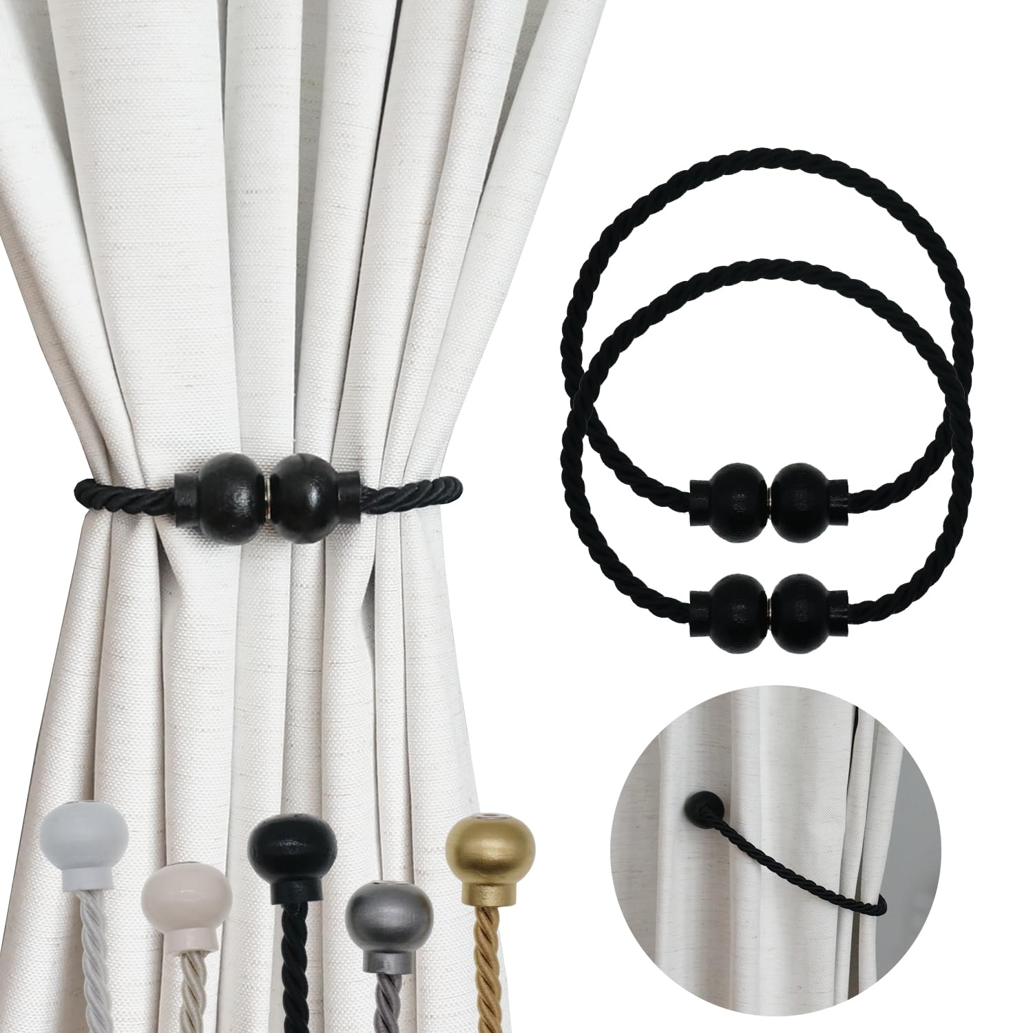 2 Pack Magnetic Curtain Tiebacks Modern Handmade Rope Curtain Tie Backs Decorative Drapes Weave Holdbacks for Home Outdoor Bedroom Office Decorative Curtain, Black