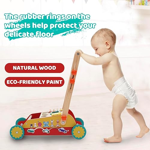 Miniatura 2 de Andador de madera para bebés con centro de actividades de entretenimiento múltiple, caminadores de aprendizaje sentado a pie para niños de 9 meses y