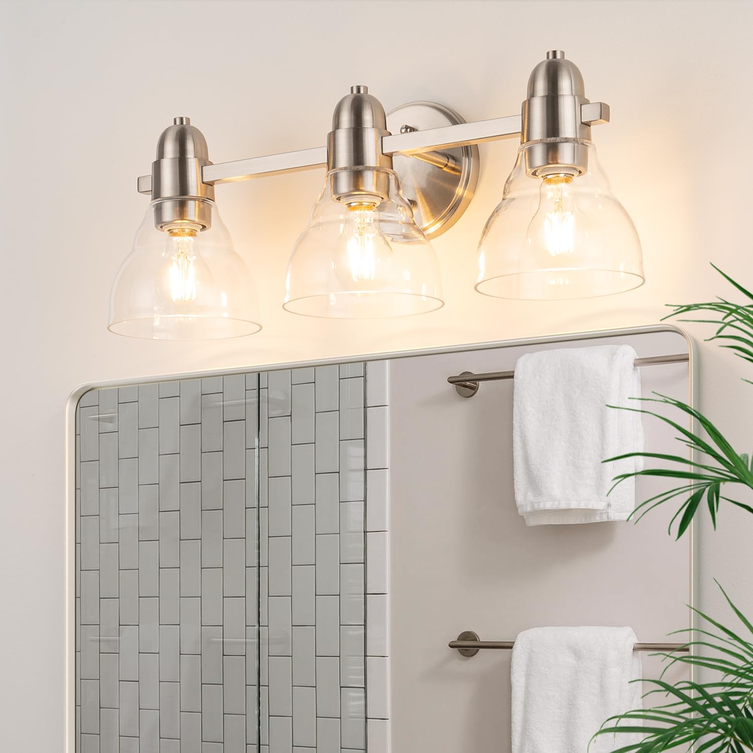 NORTTA 22in 3 Light Brushed Nickel Vanity Lights for Bathroom, Vanity Lighting Fixtures with Bell Shape Clear Glass Shade