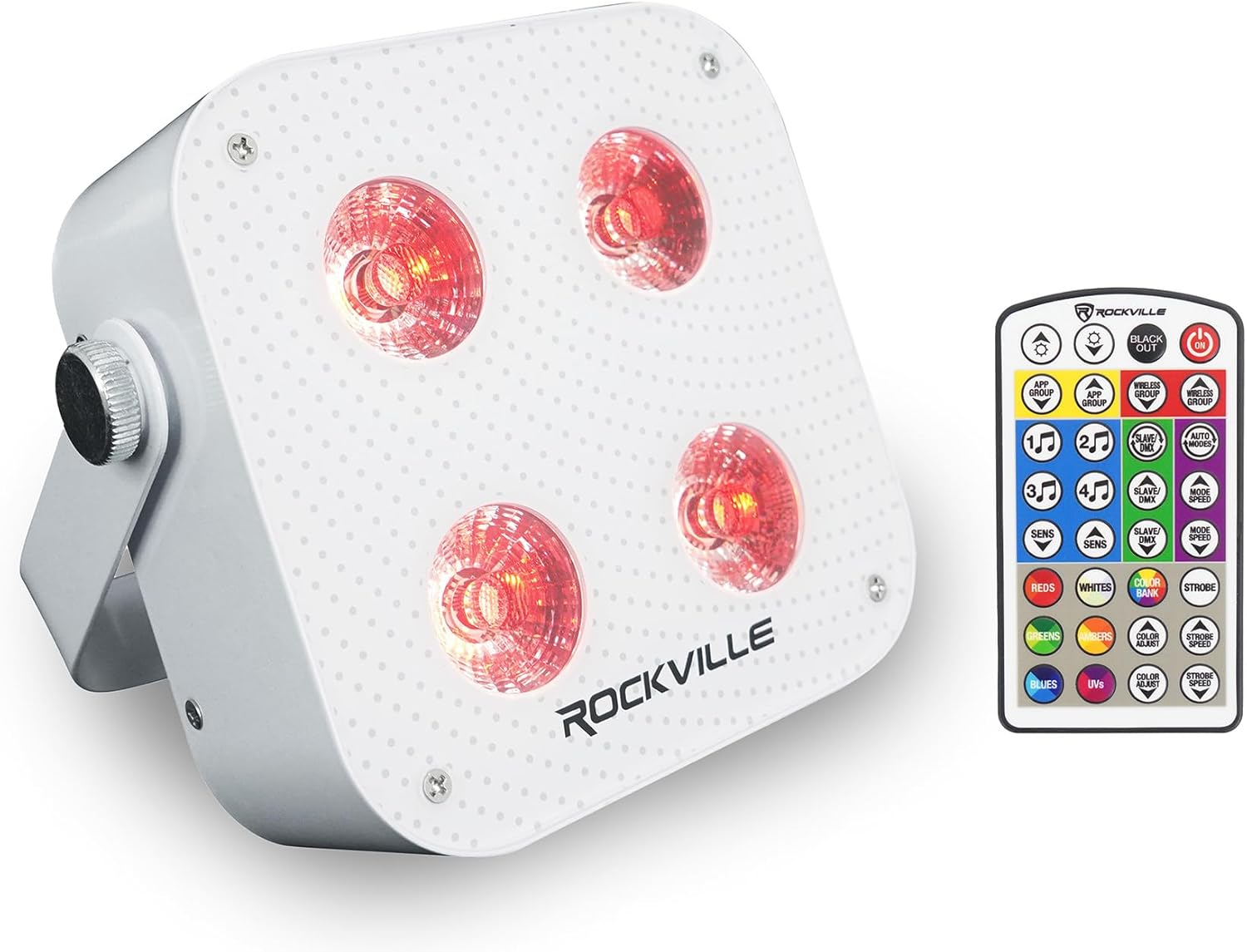 Rockville Mini IR4 White LED Wash Light, RGBWA+UV, Compact, App Control, LCD, Wireless DMX, Remote, Rechargeable, Perfect for DJ & Event Lighting