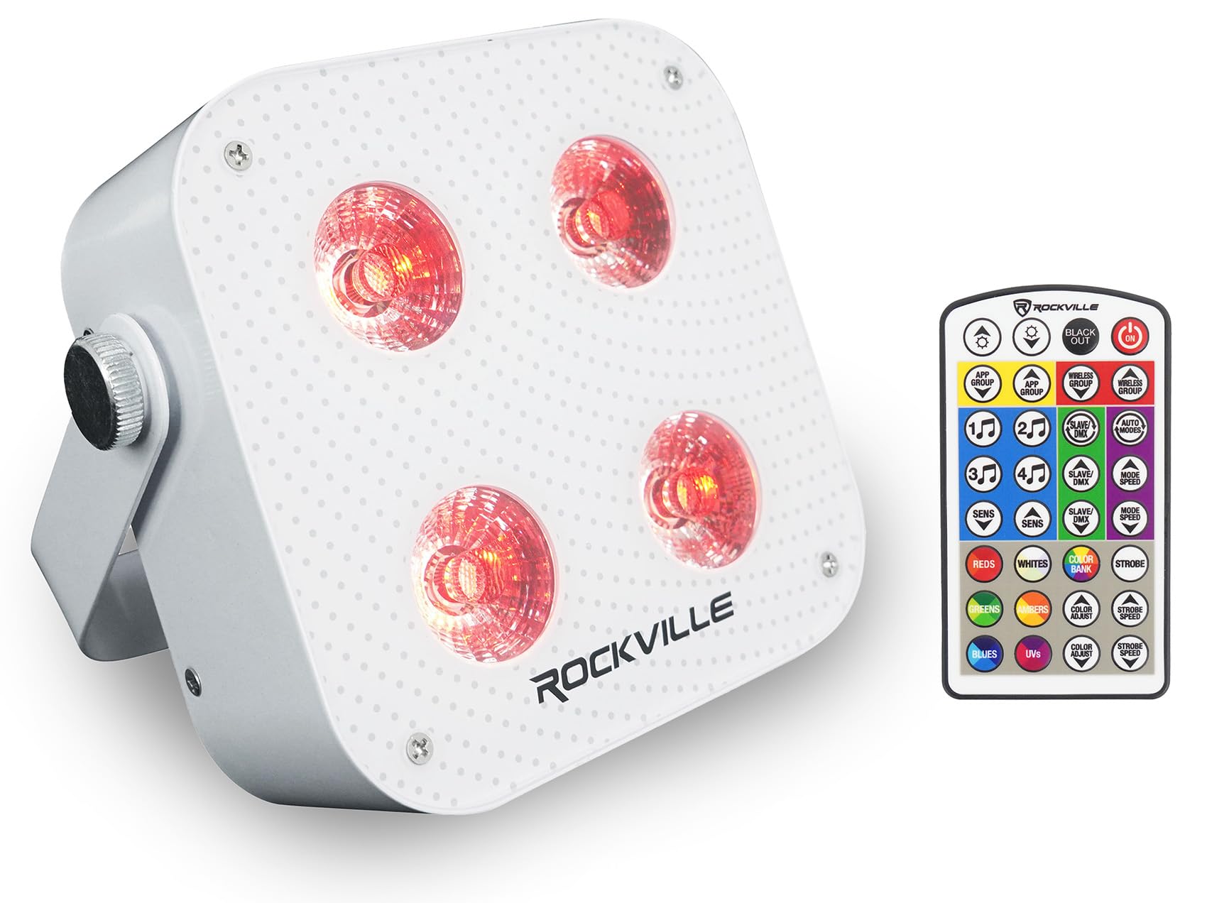 Rockville Mini IR4 White LED Wash Light, RGBWA+UV, Compact, App Control, LCD, Wireless DMX, Remote, Rechargeable, Perfect for DJ & Event Lighting