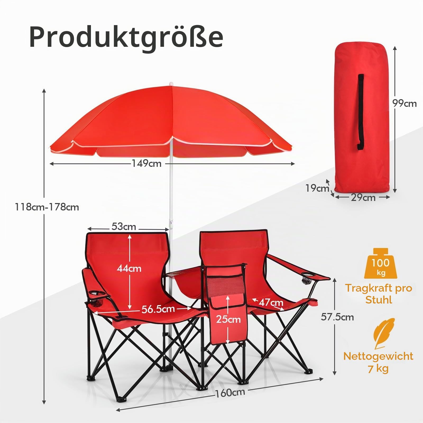 GIANTEX 2er Partner Campingstuhl mit Sonnenschirm, klappbarer Doppel Angelstuhl mit Getränkehalter & Kühltasche, Klappstuhl für 2 Personen, Anglerstuhl in Tasche, Faltstuhl Doppelsitzer