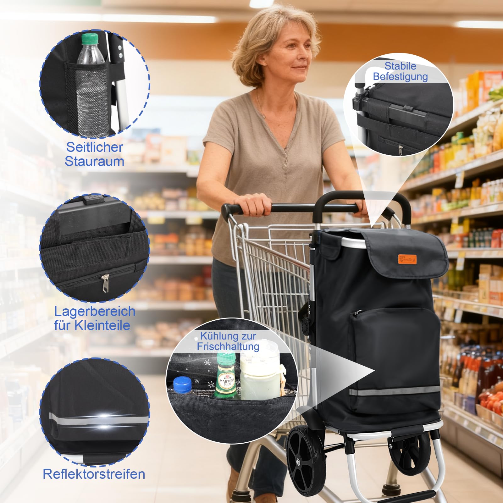 Sekey Einkaufstrolley faltbar 60L, 3-in-1 Einkaufswagen klappbar aus Aluminium, höhenverstellbarer Griff, mit Kühlfach und Getränkefach, extra groß für Einkauf & Camping, Schwarz