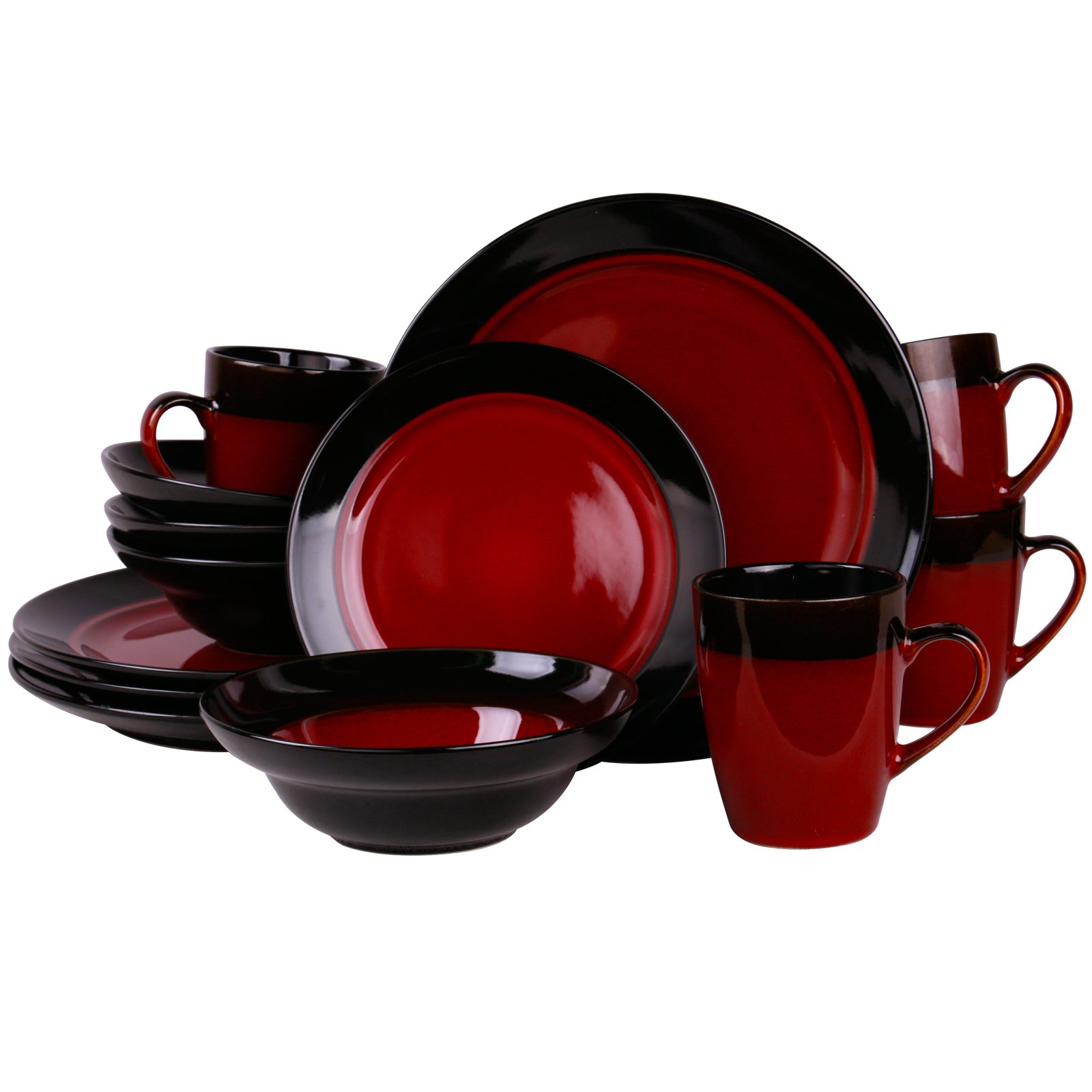 Round Stoneware Two-Toned Dinnerware Dish Set, 16 Piece, Bright Red and Black
