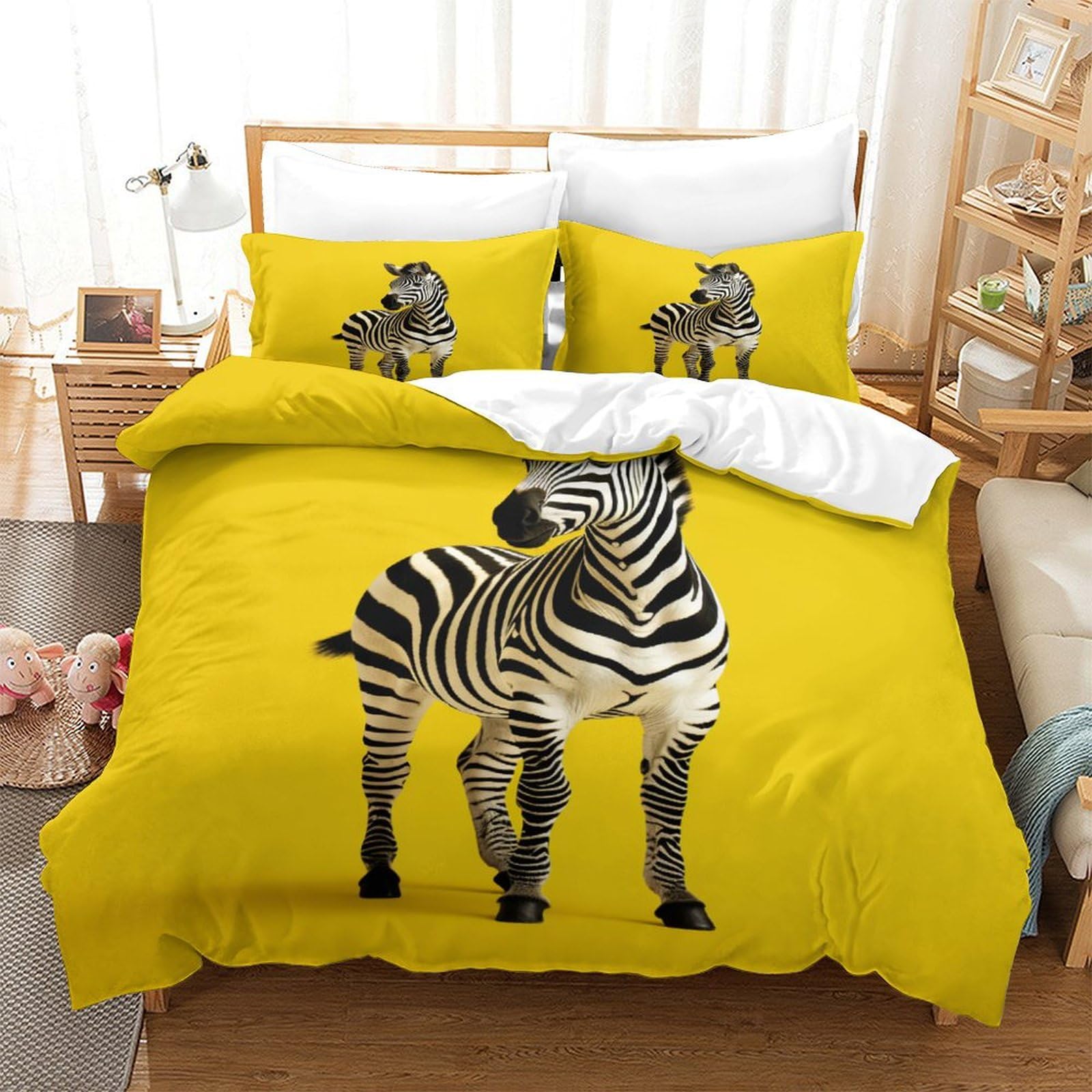P1S9U7W5Y Vivid Yellow 3D Printed Zebra Duvet Cover Set 3pcs Microfiber Animal Bedding Set King