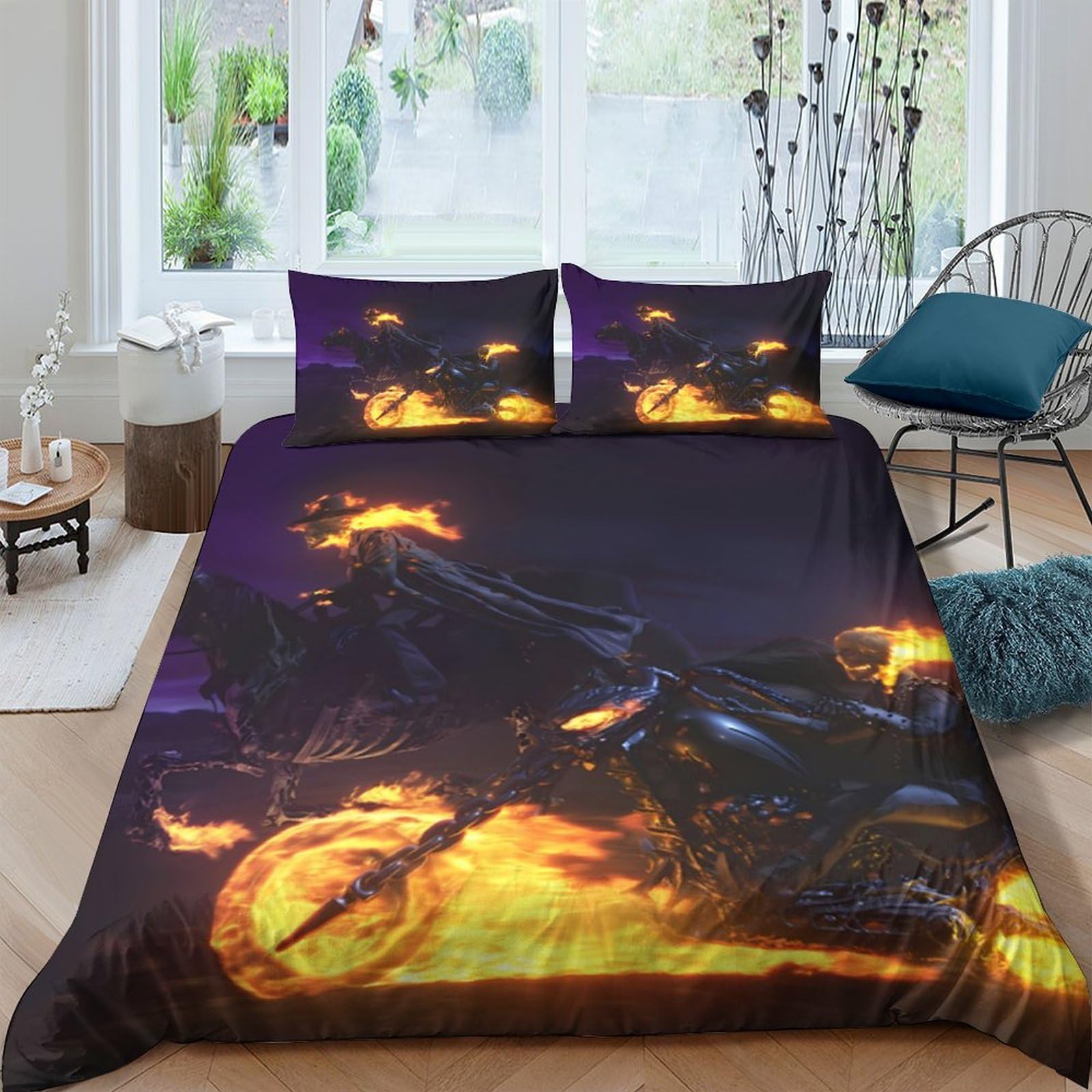 Ctjqhvkz Style-7 3D Printed Flame Skull Fitted Sheet Microfiber Soft Breathable Fire Rider Mattress Cover For Bedroom Dorm Decor Single（135X200cm）