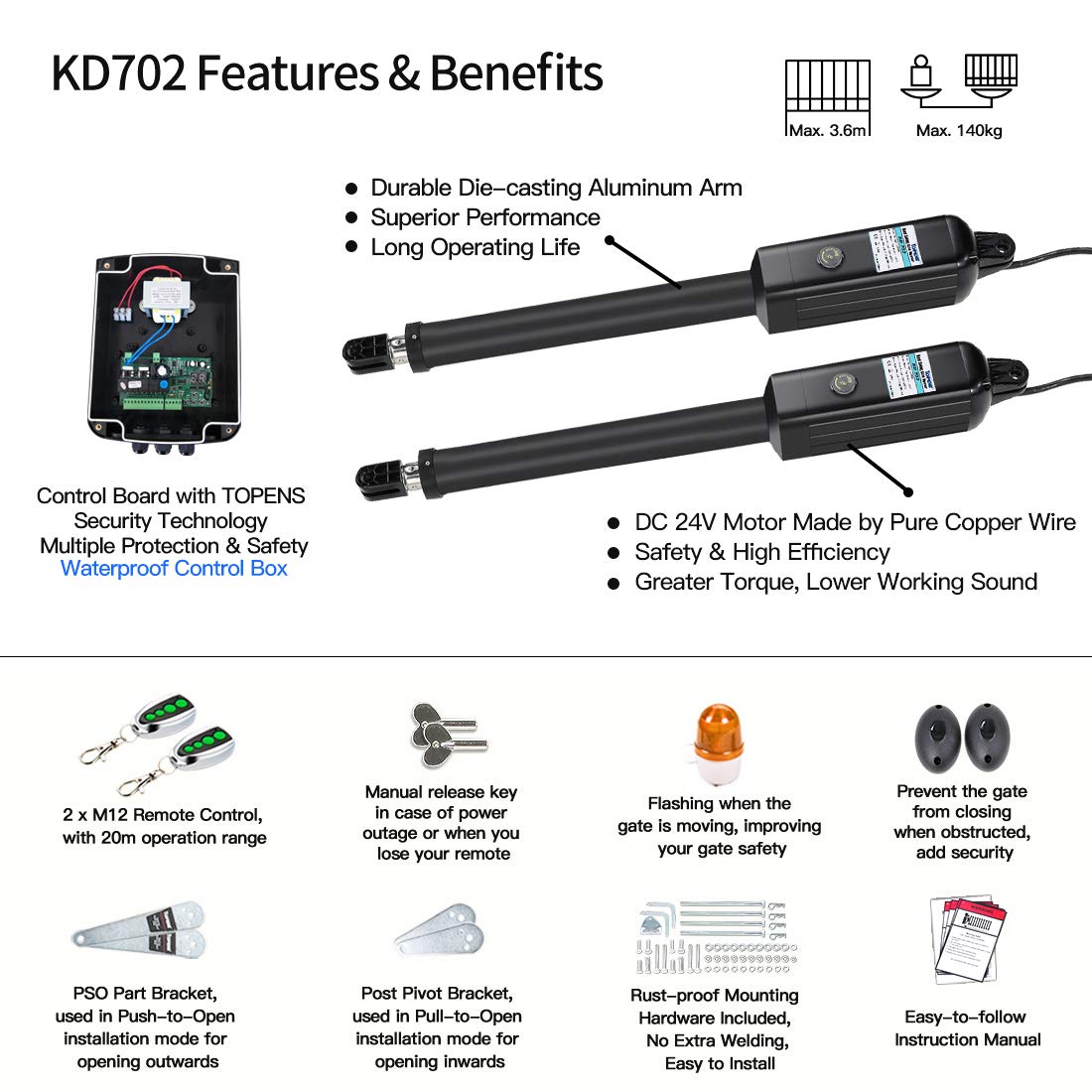 TOPENS KD702 Automatic Gate Opener Kit Light Duty Electric Dual Gate