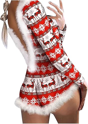 Pijama de Navidad para mujer, body de lencería con cuello en V profundo, estampado de Navidad, manga larga, mameluco de peluche